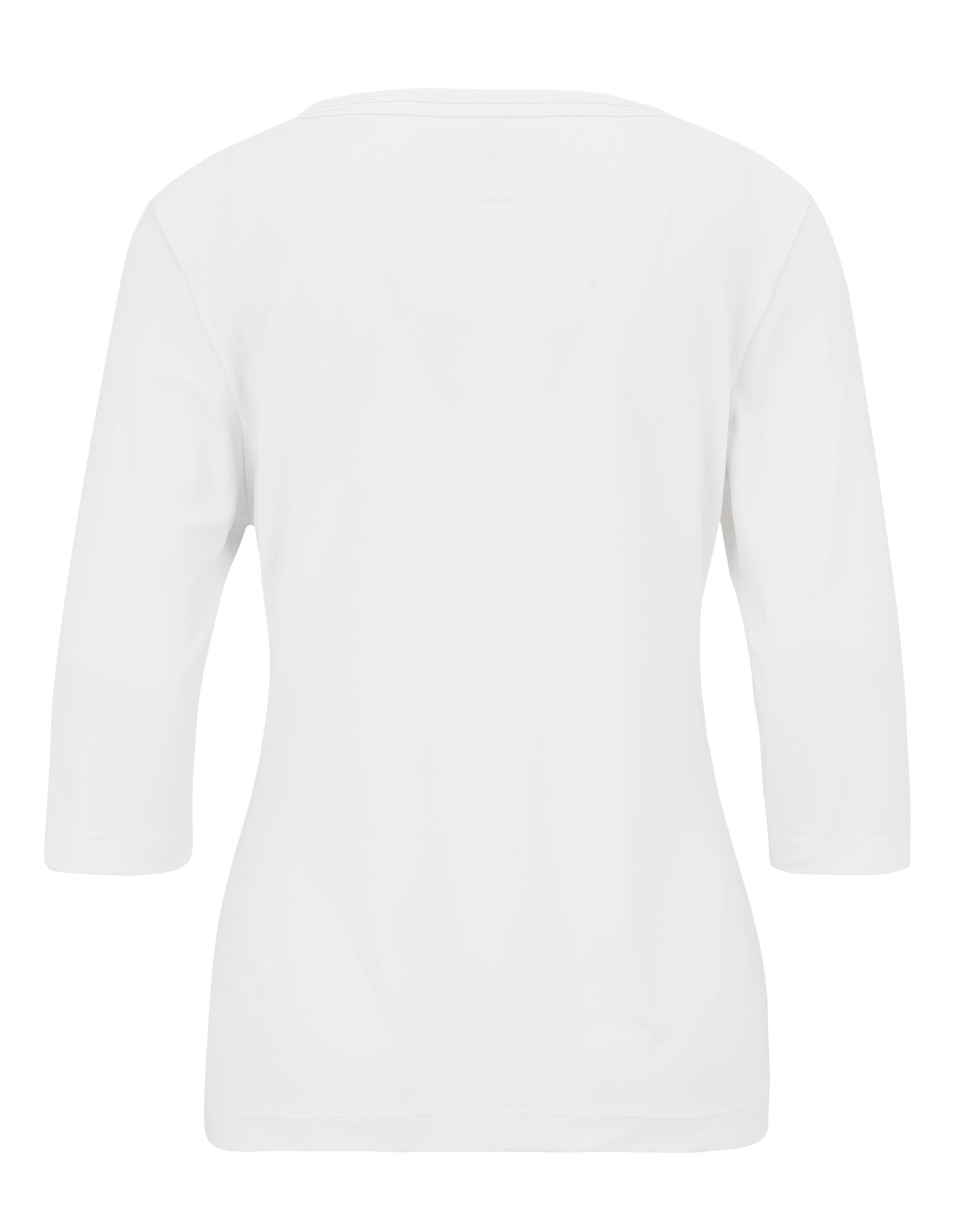 Weißes, schlichtes T-Shirt mit Rundhalsausschnitt und dreiviertellangen Ärmeln, aus glattem Stoff, ideal für lässige Anlässe.