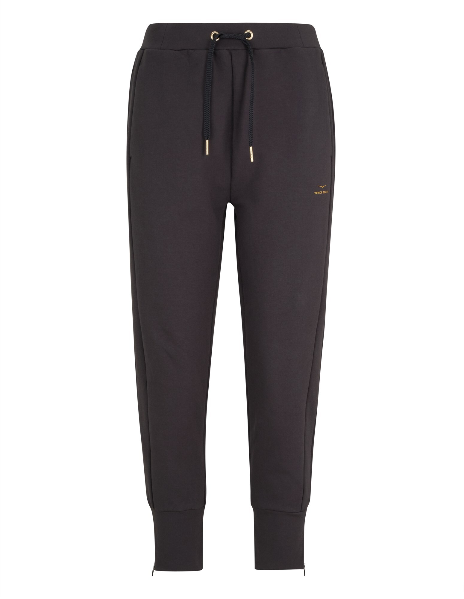 Schwarze, lässige Jogginghose mit Kordelzug und goldenen Akzenten, perfekt zum Entspannen.