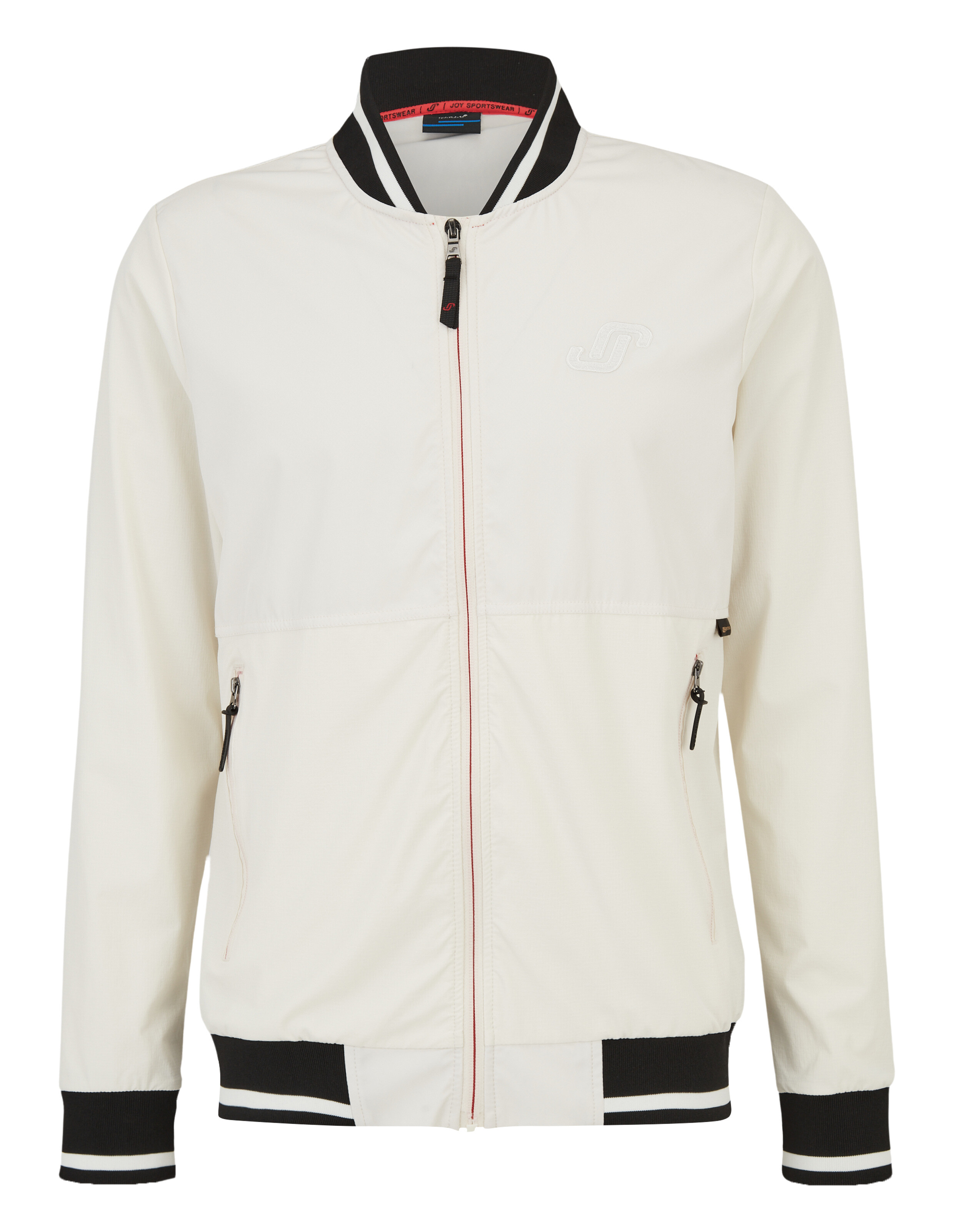 Weißer Blouson mit schwarzem Kragen und Bündchen, Reißverschluss, zwei Reißverschlusstaschen und dezentem Logo auf der Brust.