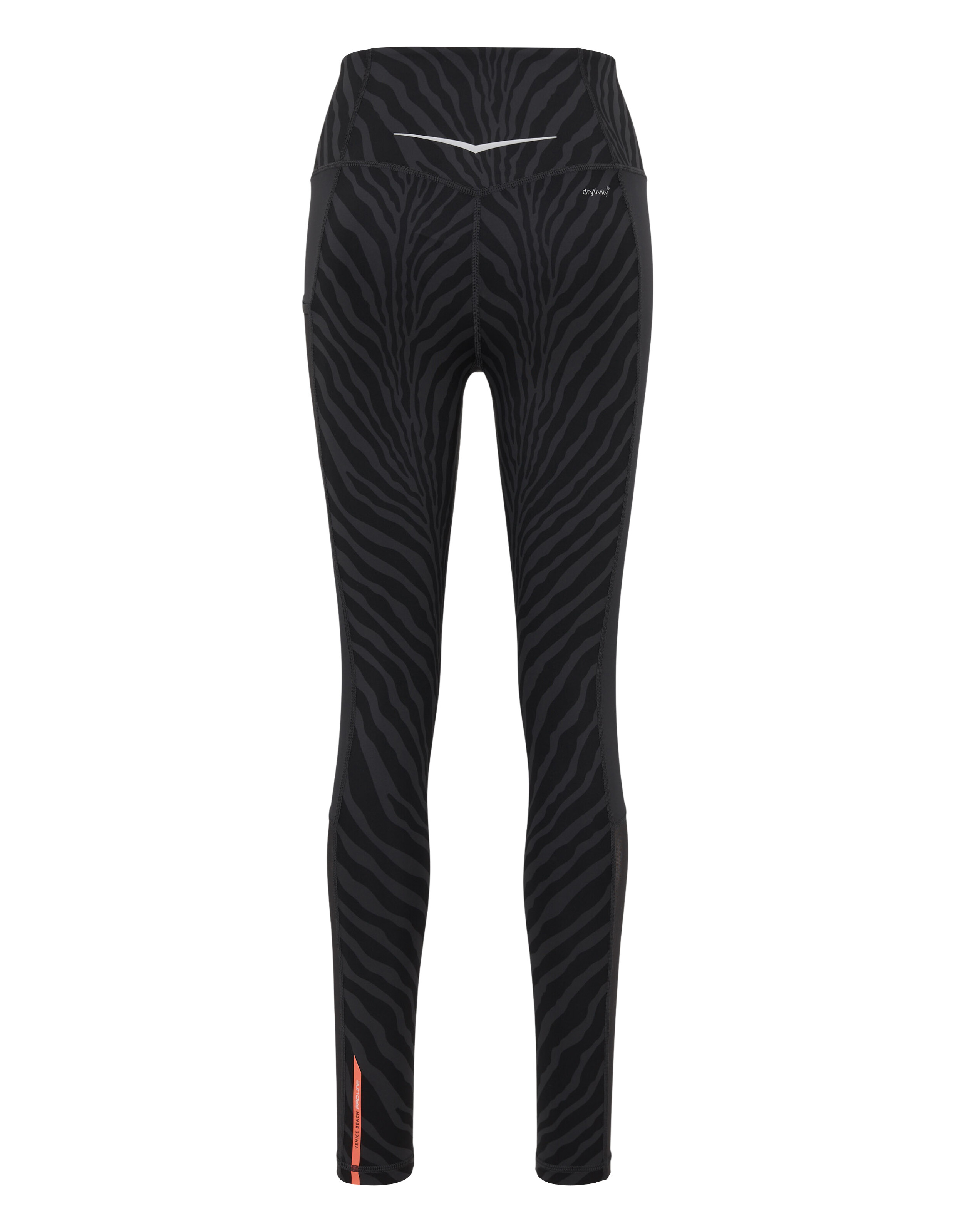 Schwarze Leggings mit Zebramuster und hoher Taille, ideal für Freizeitkleidung und Workouts.