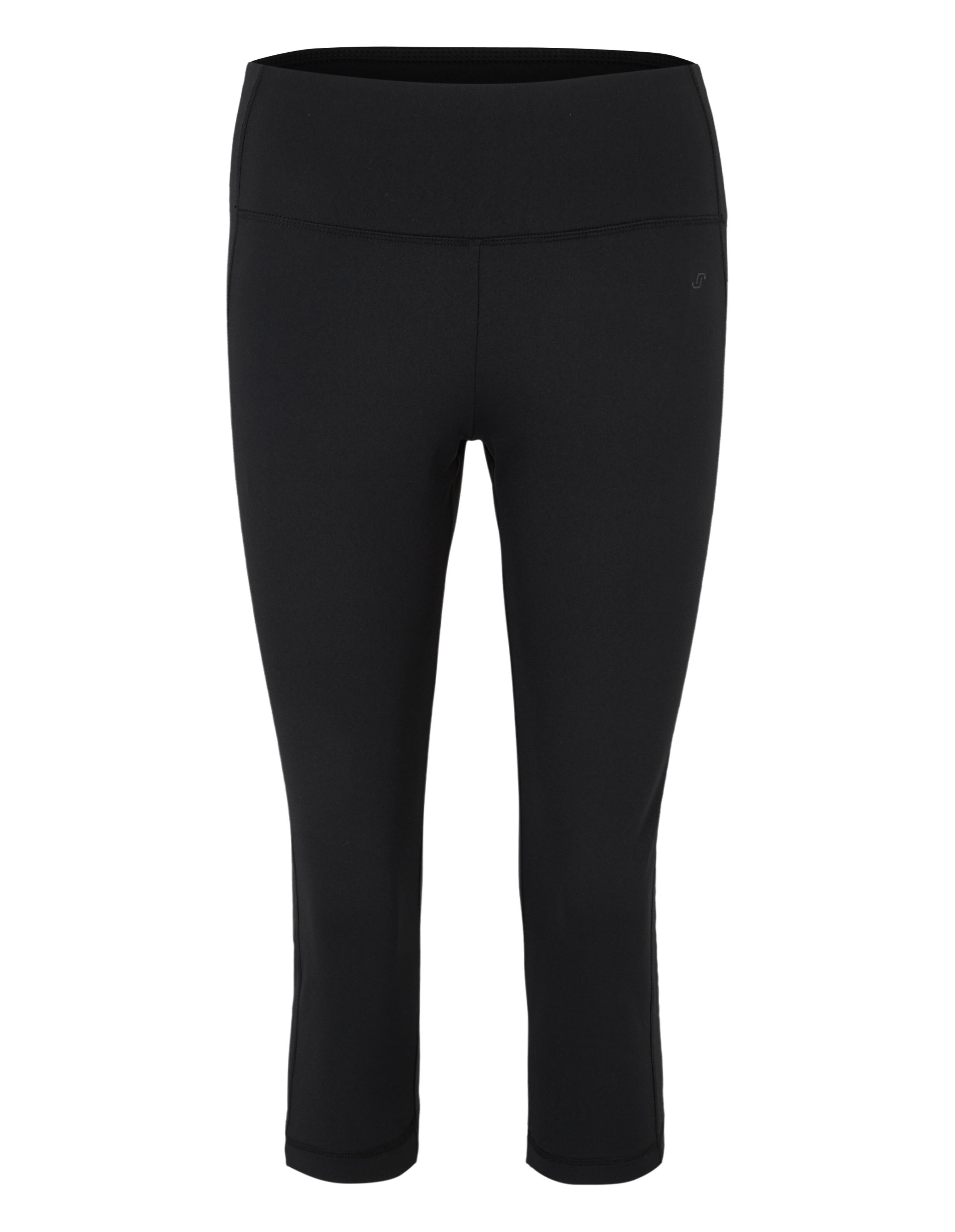 Schwarze, knielange Sportleggings mit breitem Bund und schmalem Schnitt, ideal für Fitnessaktivitäten und bequemes Tragen.