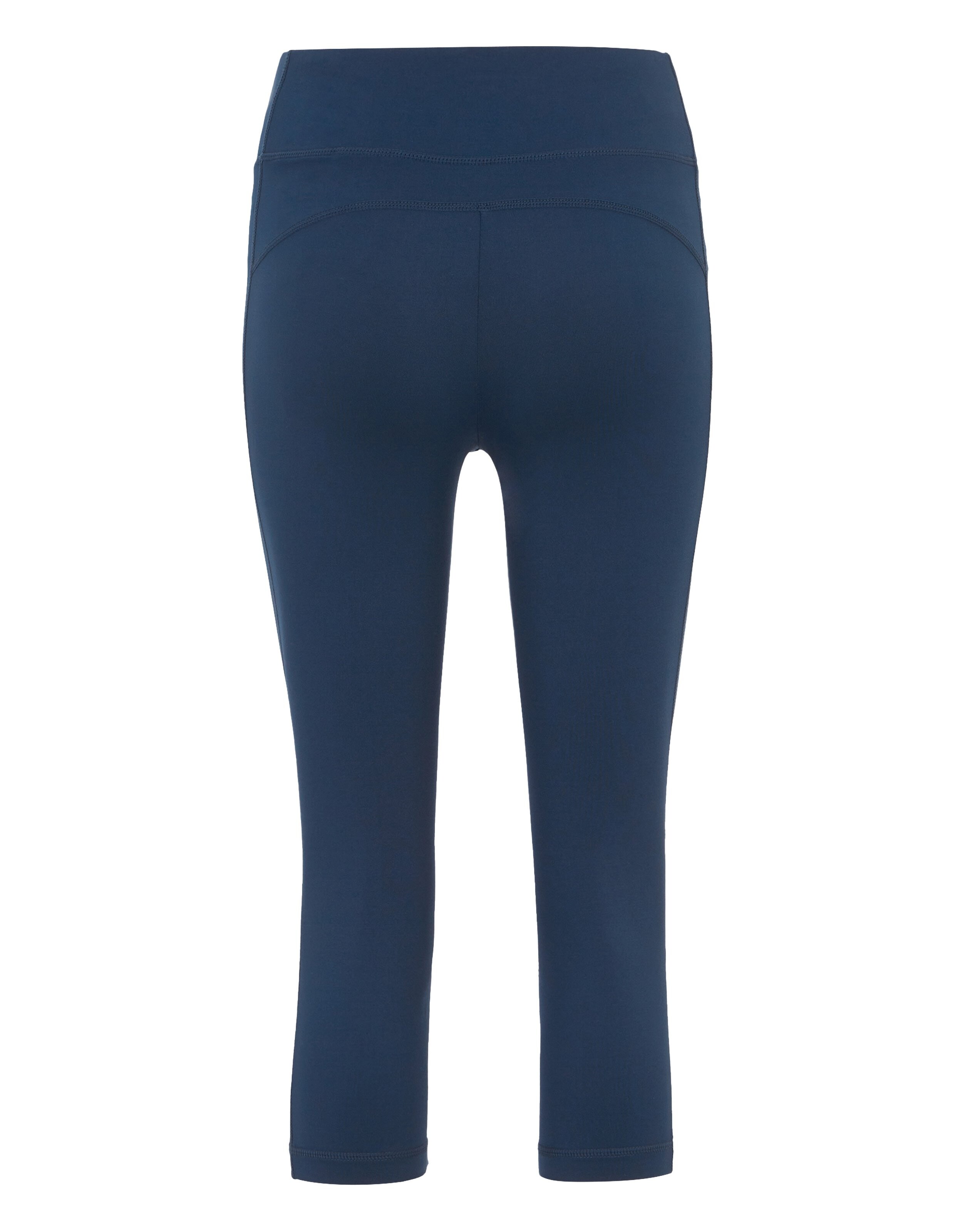 Dunkelblaue Damen-Capri-Leggings mit taillenhohem Bund und schmaler Passform, ideal für Sport oder Freizeitaktivitäten.