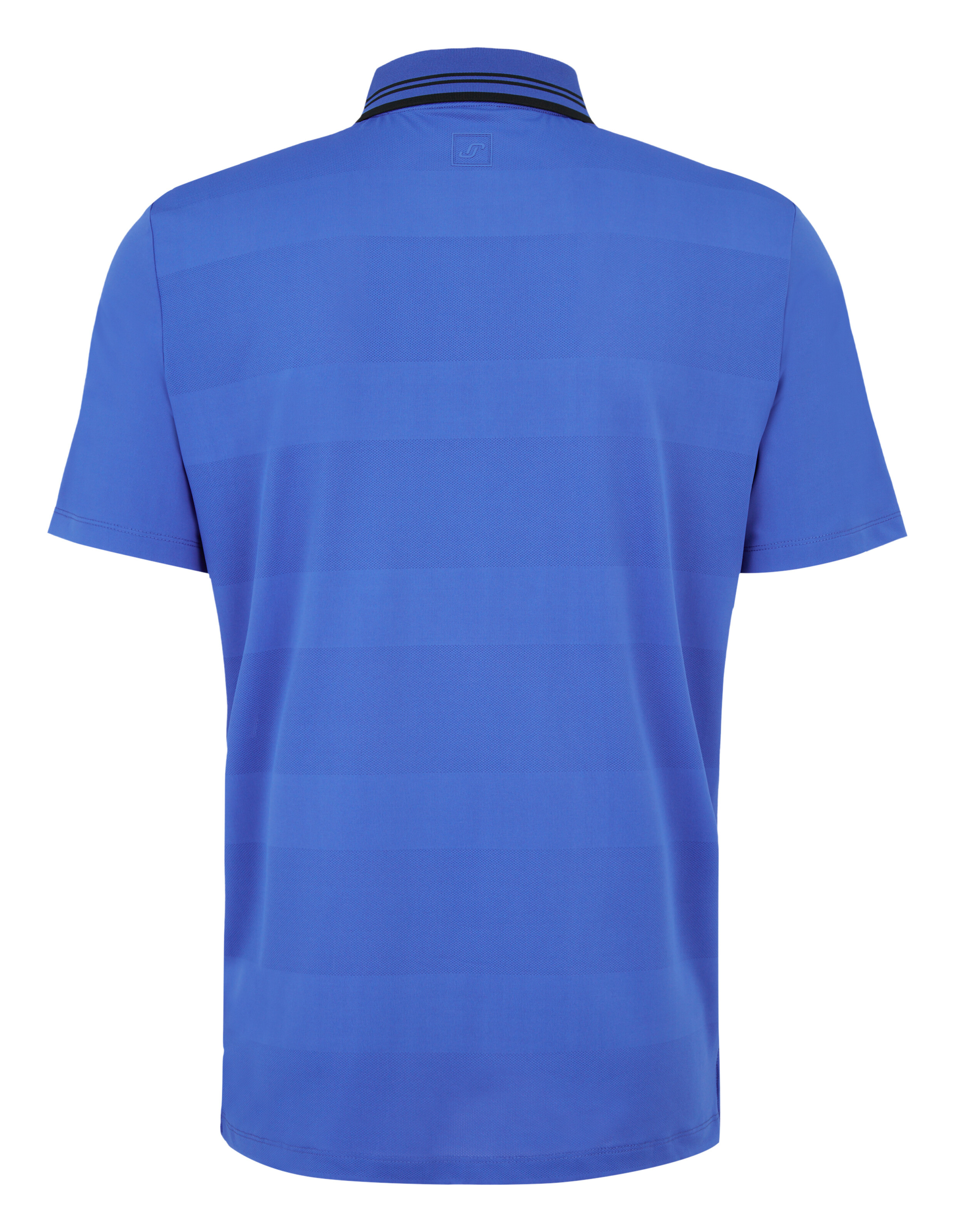 Rückansicht eines blau gestreiften Poloshirts mit klassischem Kragen.