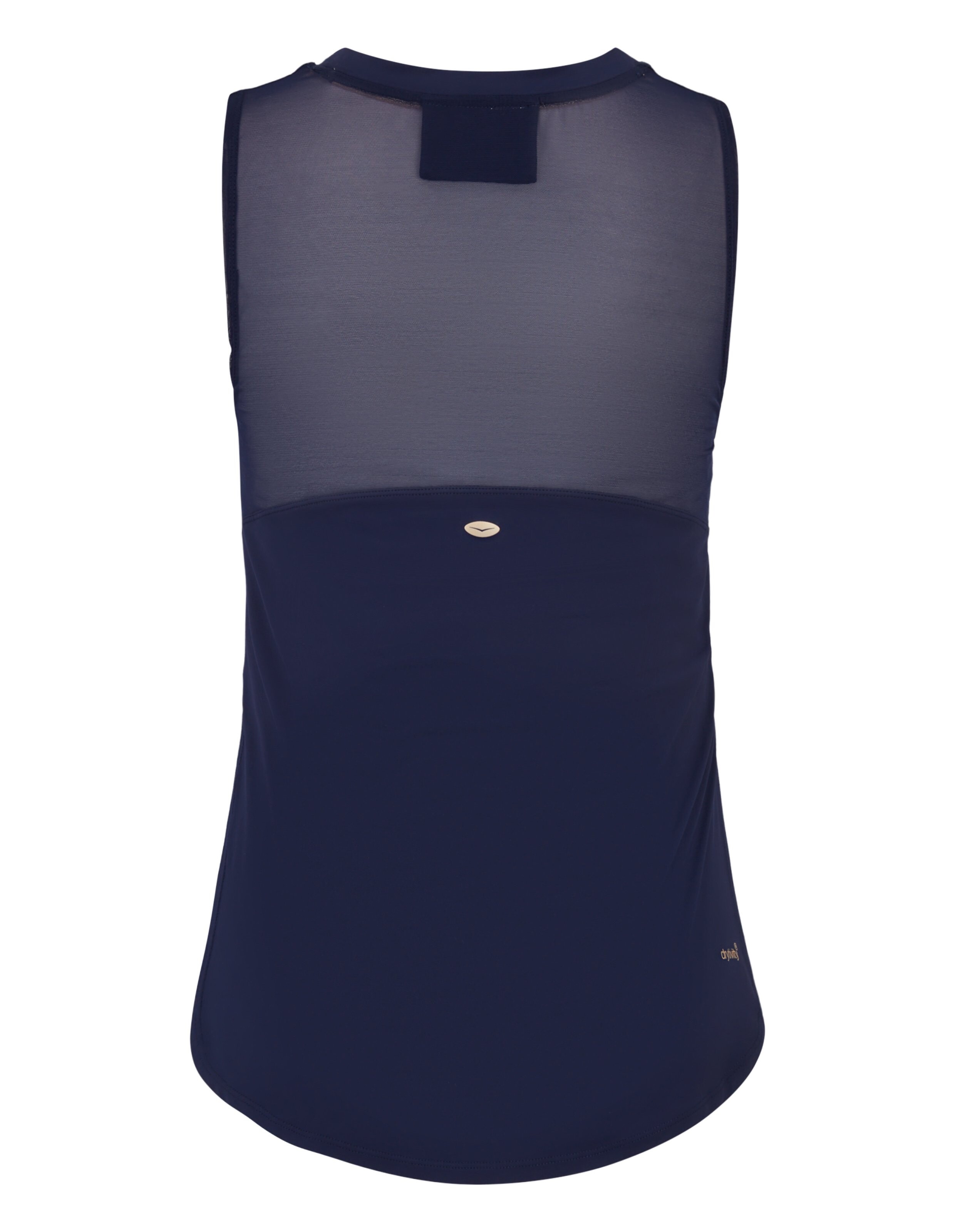 Rückansicht des marineblauen Venice Beach Maude Tanktops mit Mesh-Einsatz für Freizeitkleidung.