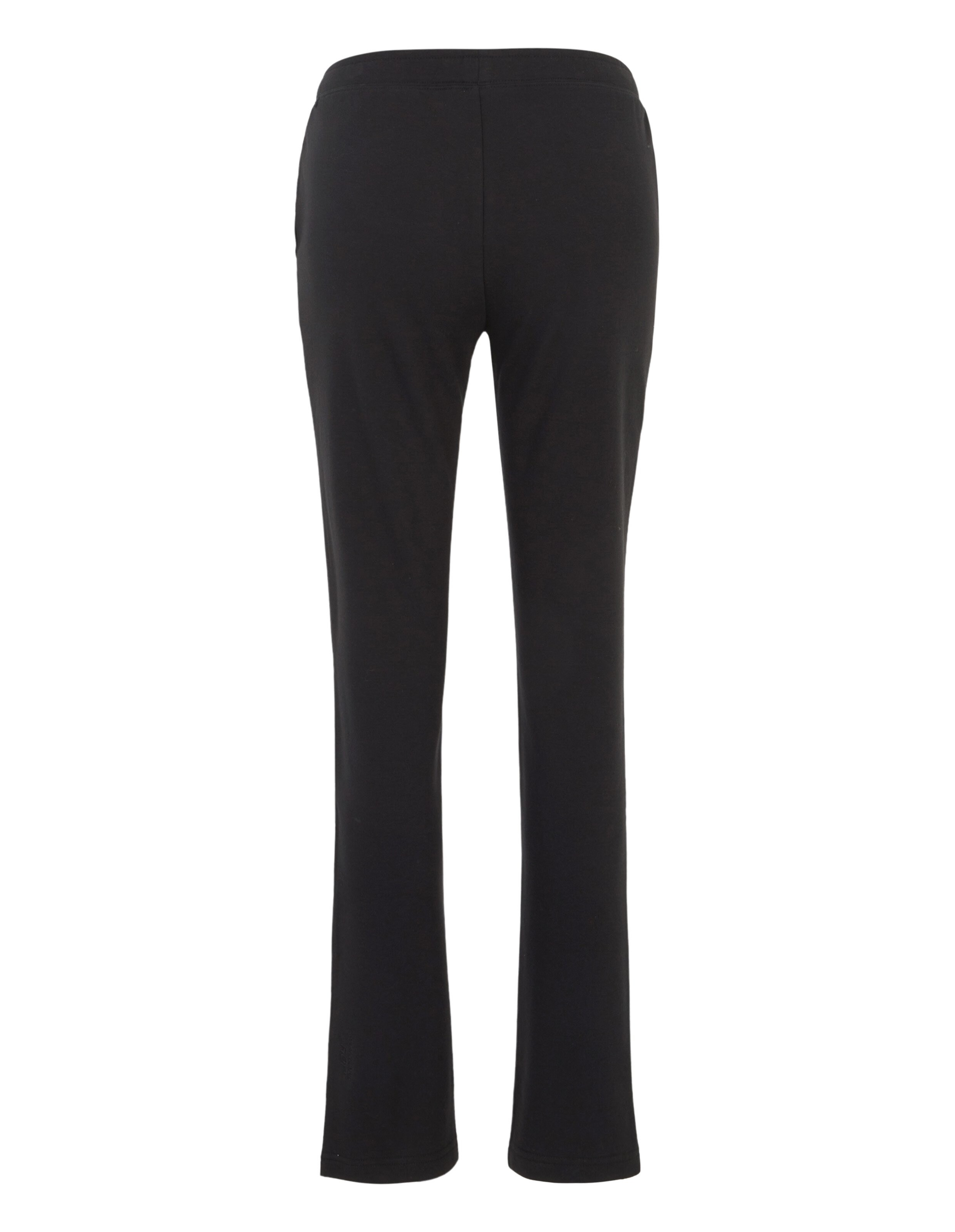 Schwarze lange Hose aus Baumwolle in Rückansicht, mit elastischem Bund und leicht ausgestelltem Bein, einfaches Design.