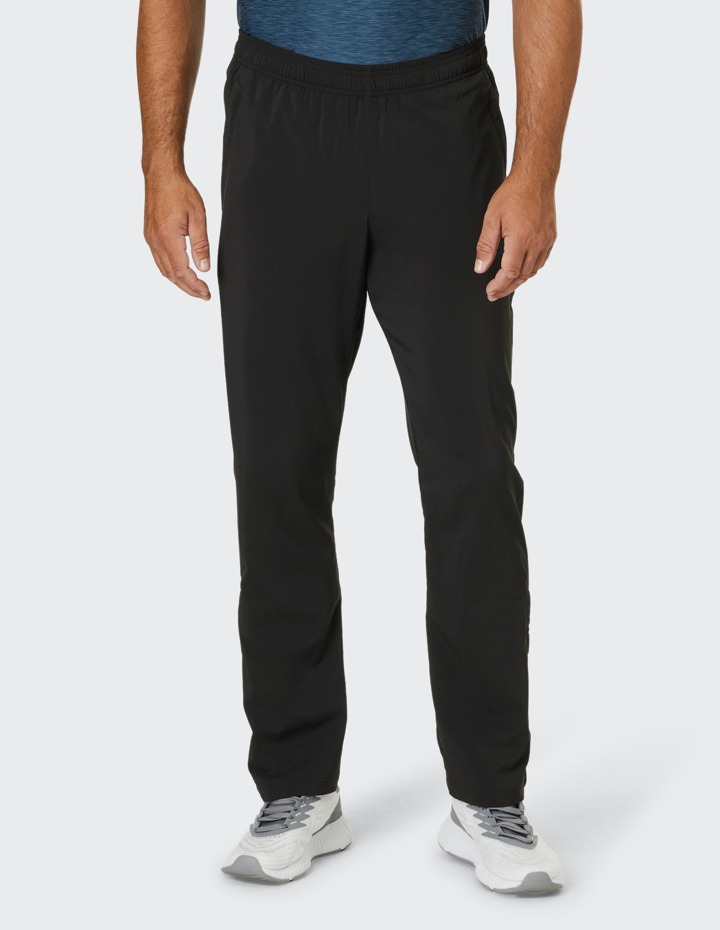Schwarze, lange Sporthose mit elastischem Bund und geradem Schnitt, ideal für Training und Freizeit.