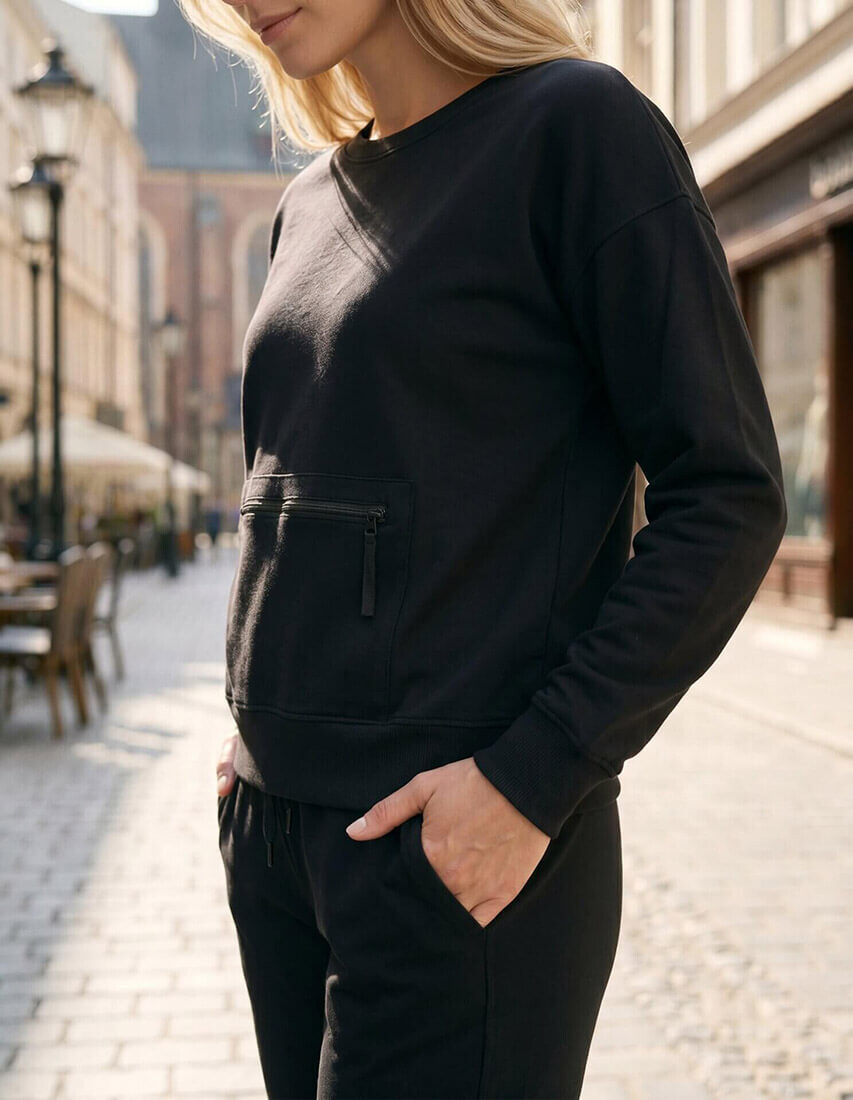 Frau in einem schwarzen, lässigen Sweatshirt mit Vordertasche, stilvolles urbanes Ambiente.