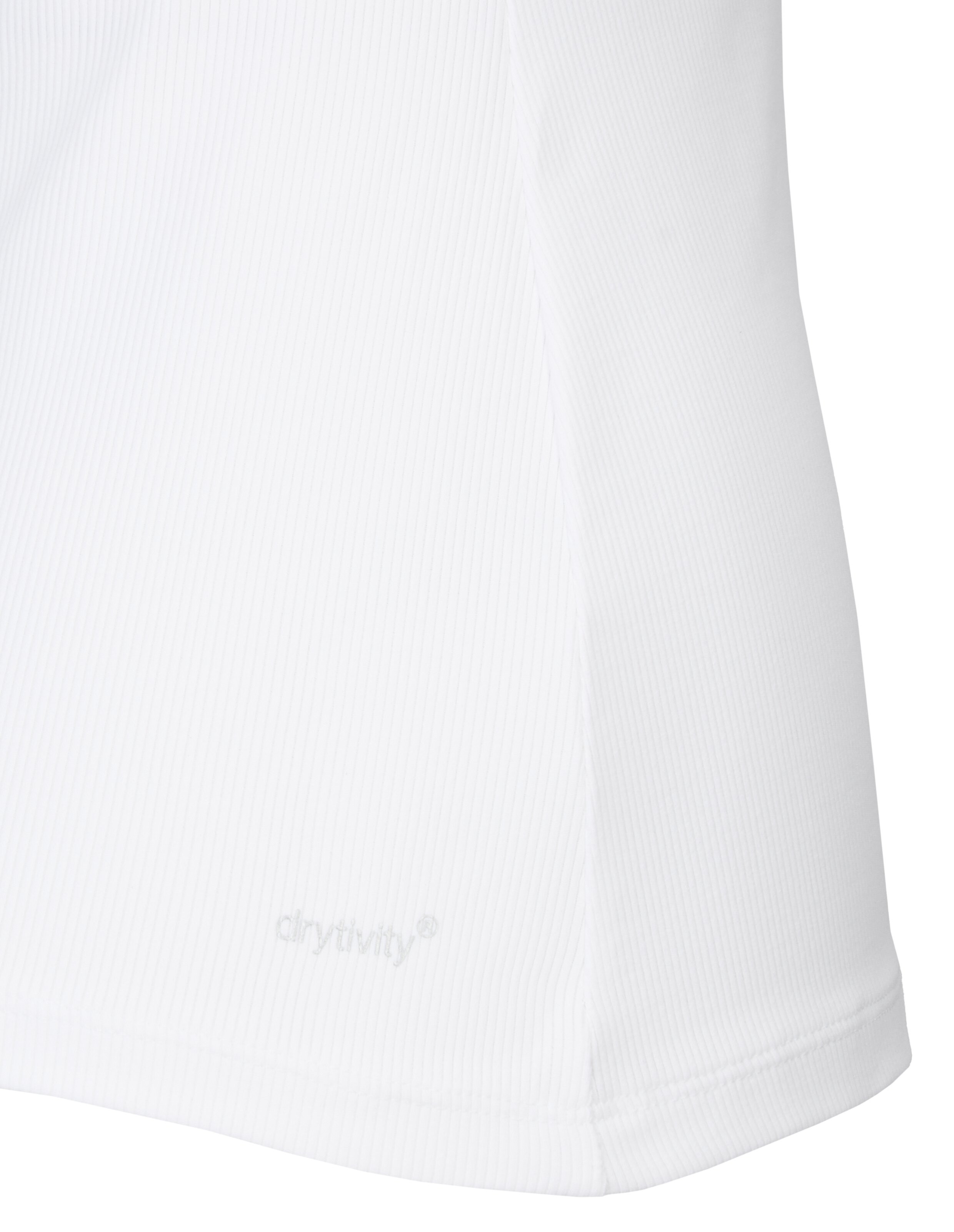Nahaufnahme eines weißen, gerippten Freizeitoberteils mit drytivity-Branding für bequeme Loungewear.