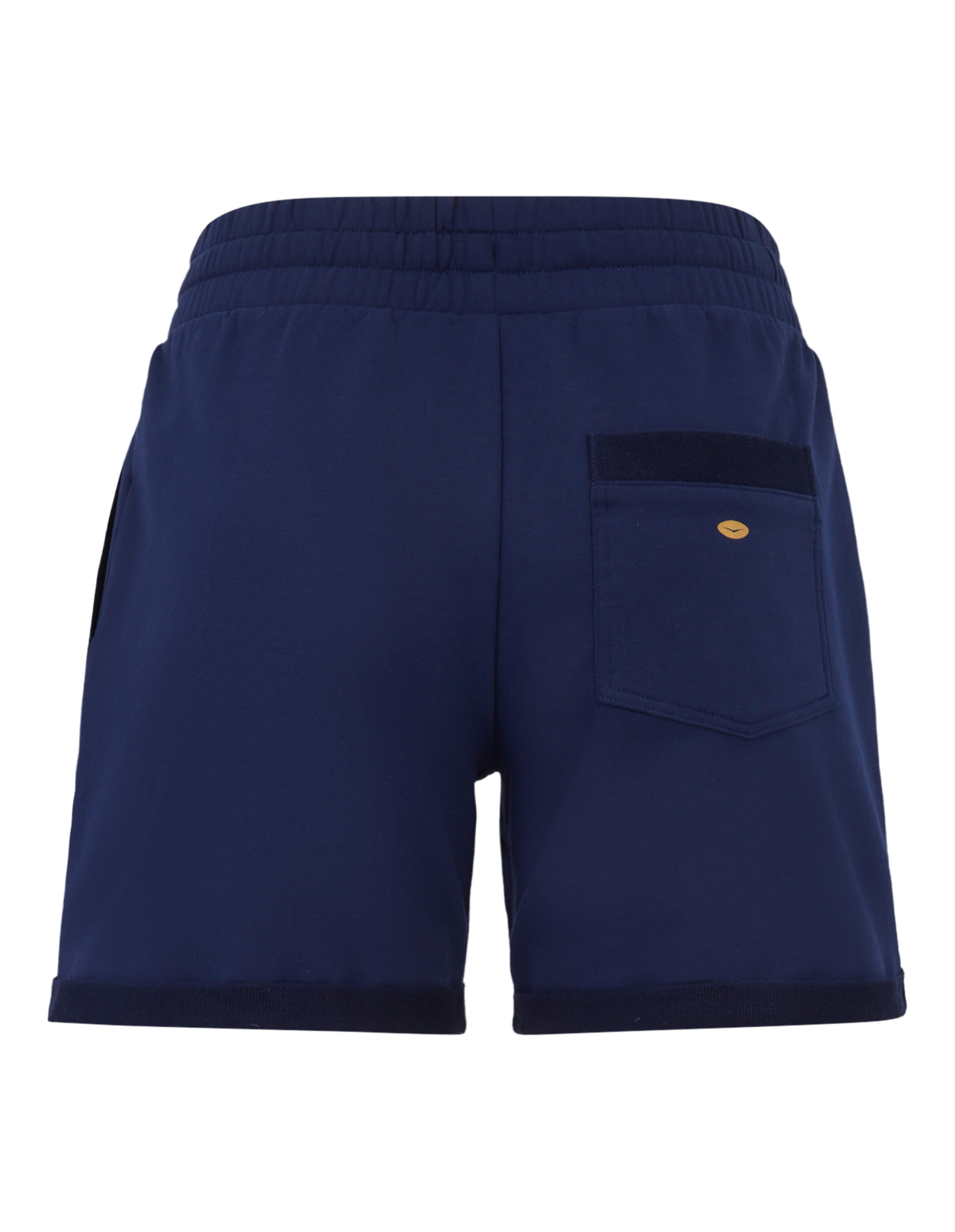 Rückansicht einer marineblauen Freizeit-Lounge-Shorts mit elastischem Bund und Gesäßtasche.