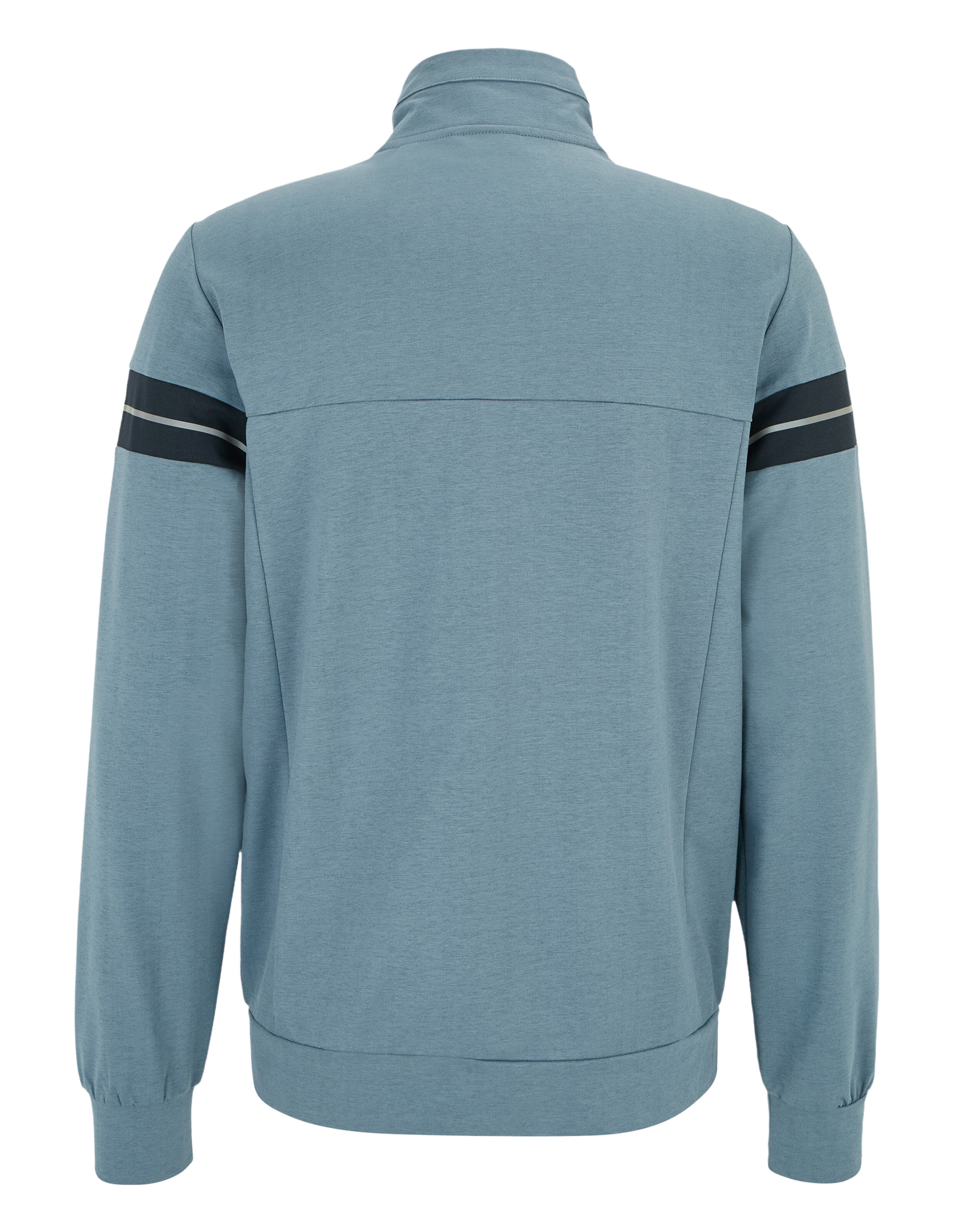 Rückenansicht einer hellblauen Sweatjacke mit hohem Kragen, schwarzen Streifen auf den Ärmeln und elastischen Bündchen.