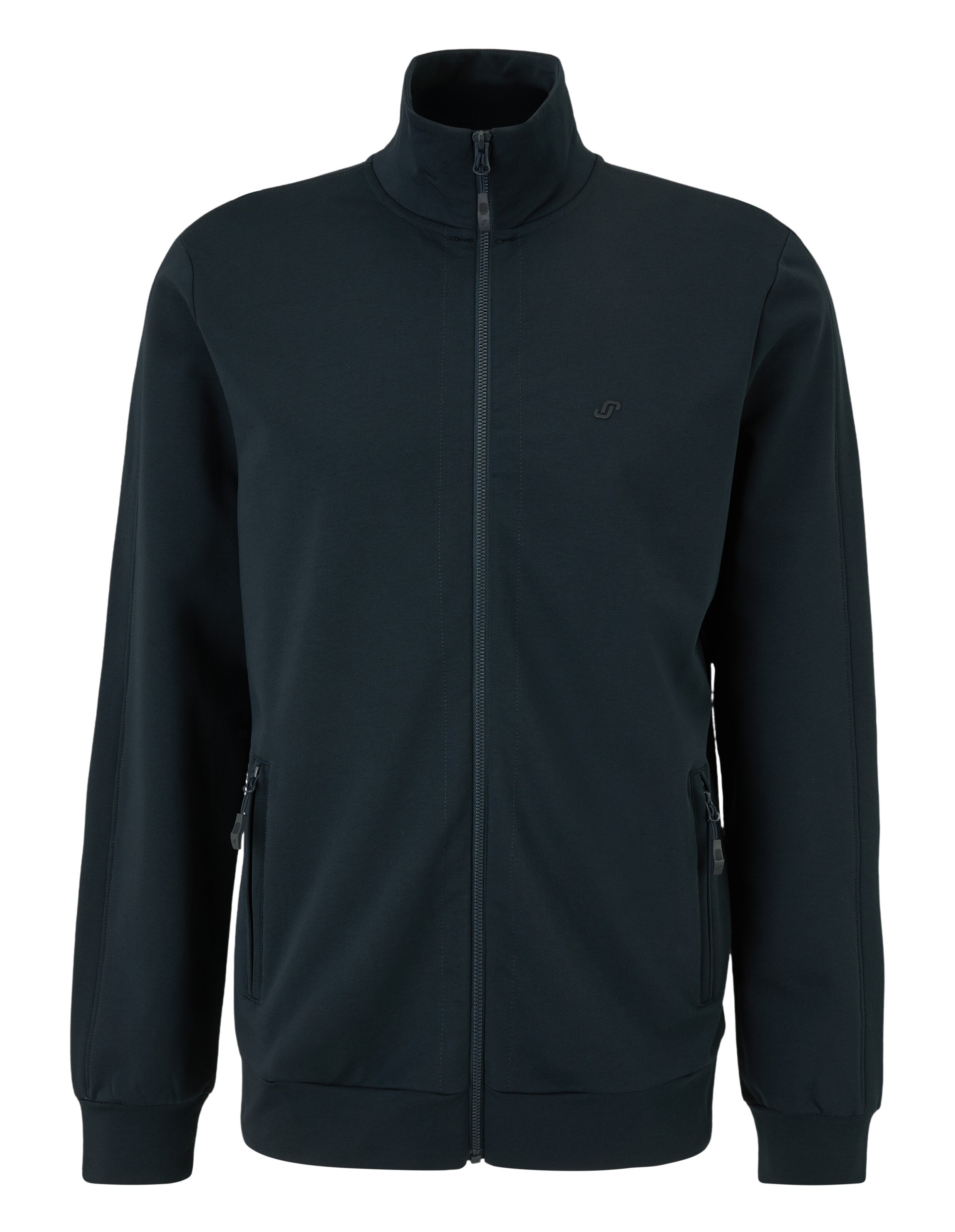 Schwarze Trainingsjacke mit hohem Kragen, durchgehendem Reißverschluss und seitlichen Reißverschlusstaschen auf weißem Hintergrund.