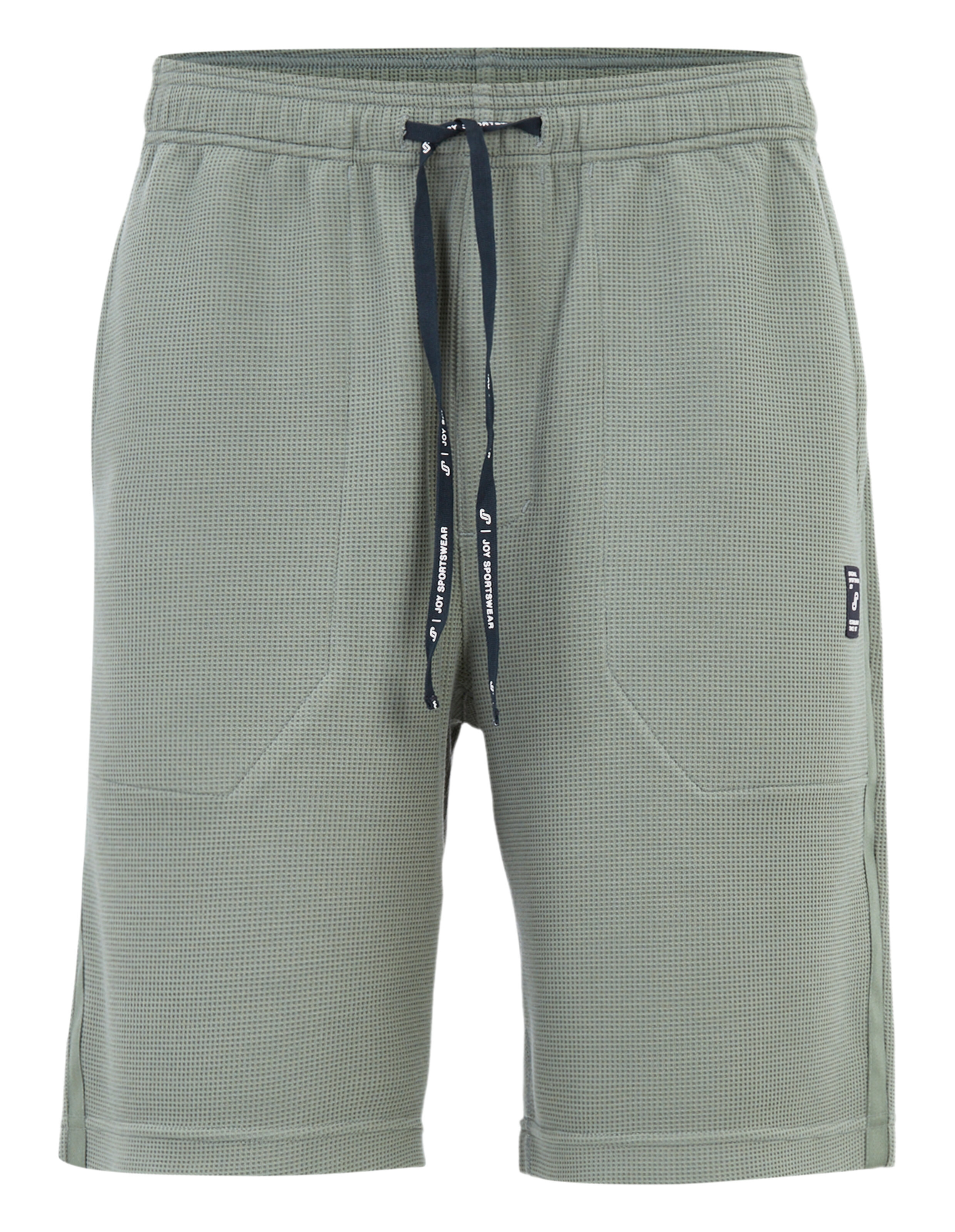 Grüne, karierte Shorts mit elastischem Bund, dunklem Zugband und Seitentaschen, ideal für Freizeit und sportliche Aktivitäten.