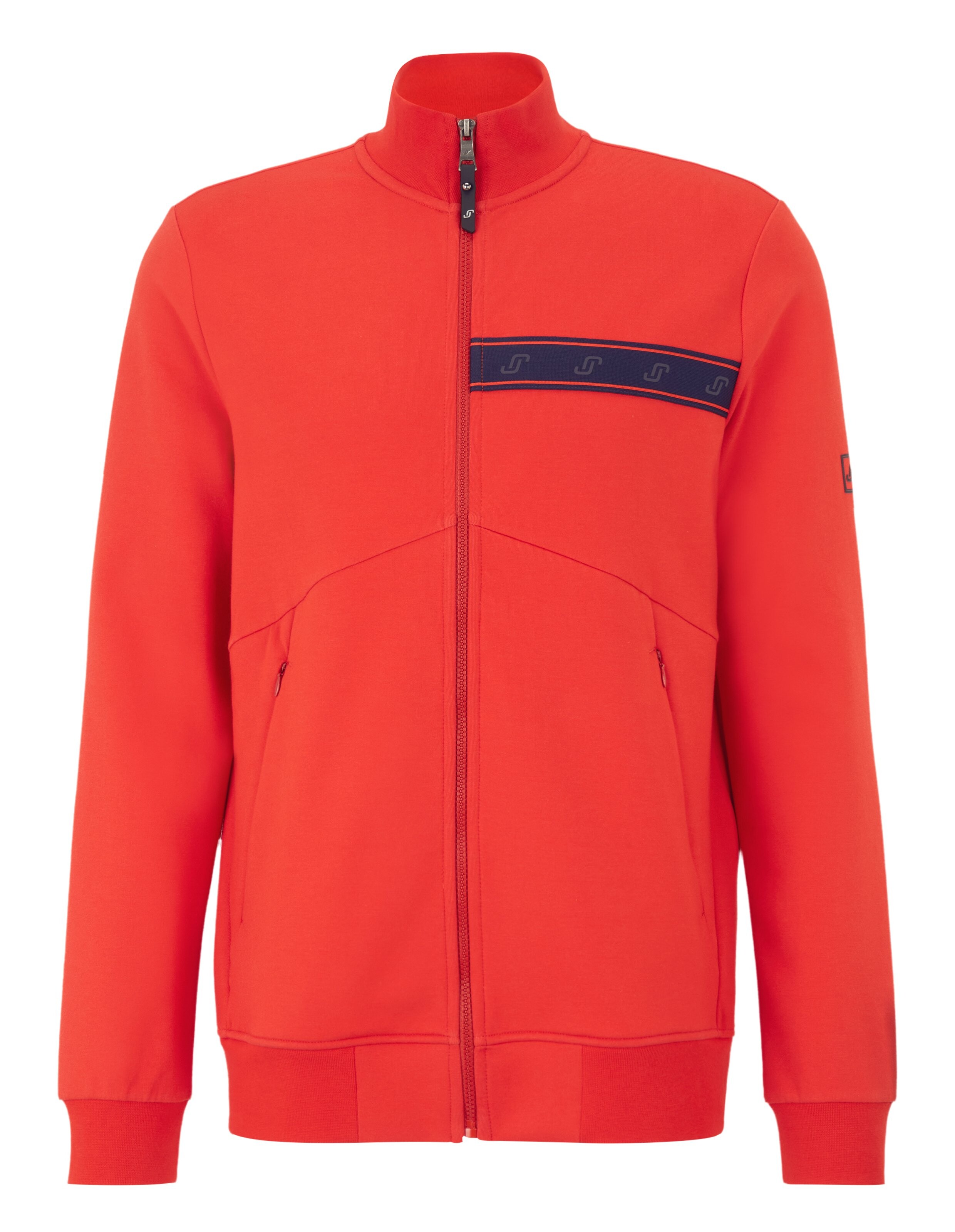 Rote ELBSAND-Trainingsjacke mit Reißverschluss und marineblauem Logostreifen, perfekt für lässige Loungewear.