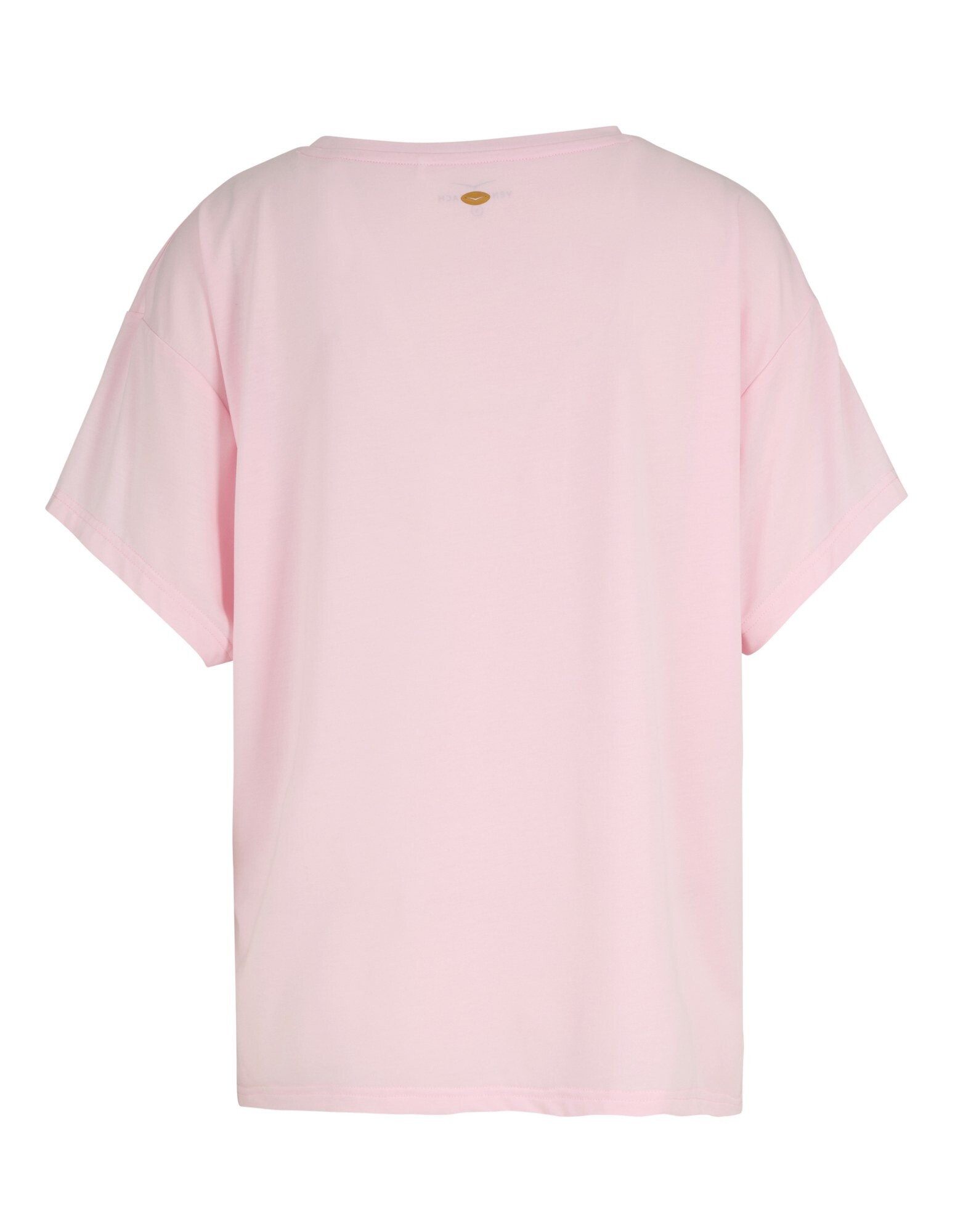 Rückansicht eines rosafarbenen T-Shirts mit entspannter Passform und kurzen Ärmeln.