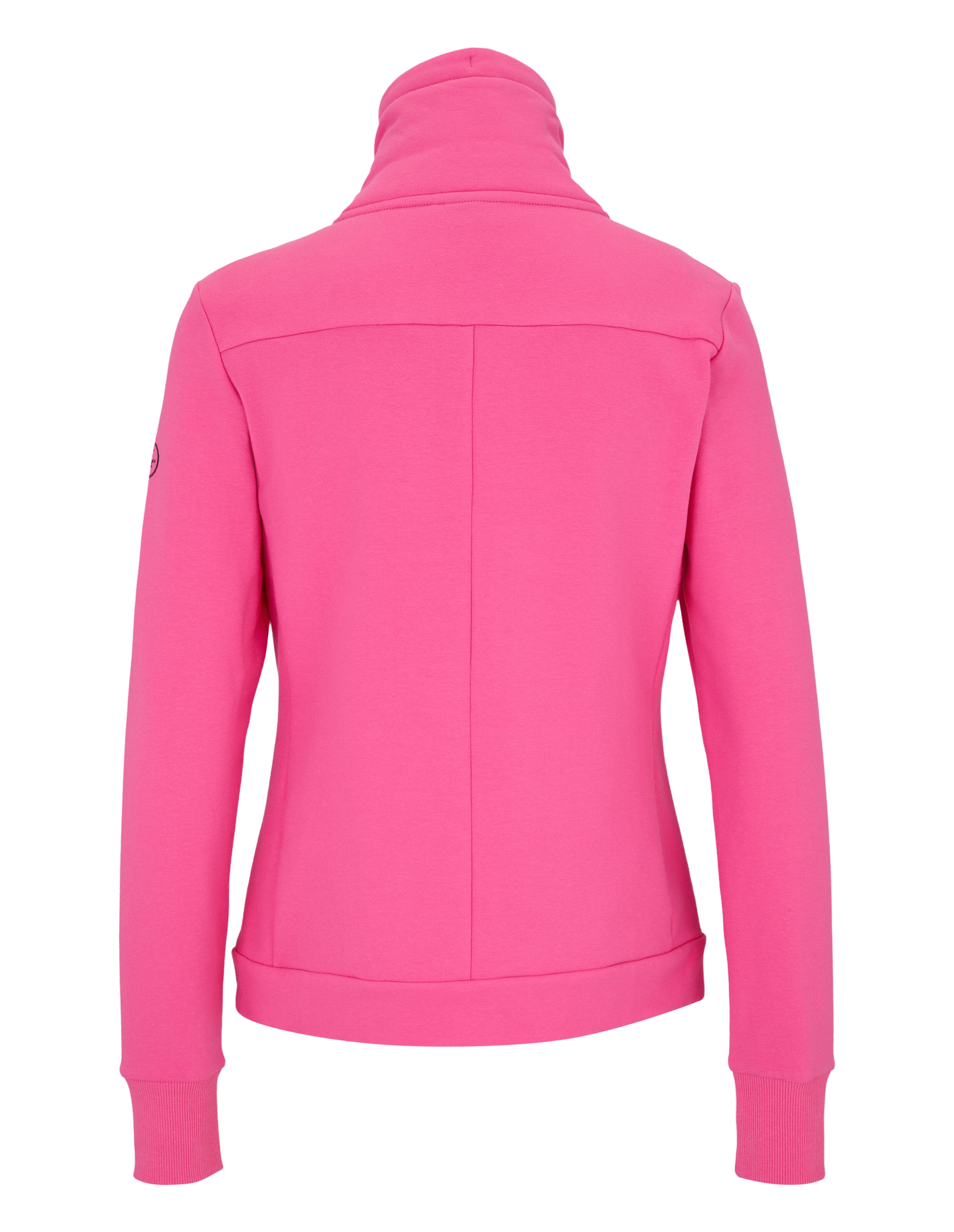 Rückansicht eines kuscheligen rosa Sweatshirts mit hohem Kragen und anliegenden Bündchen.
