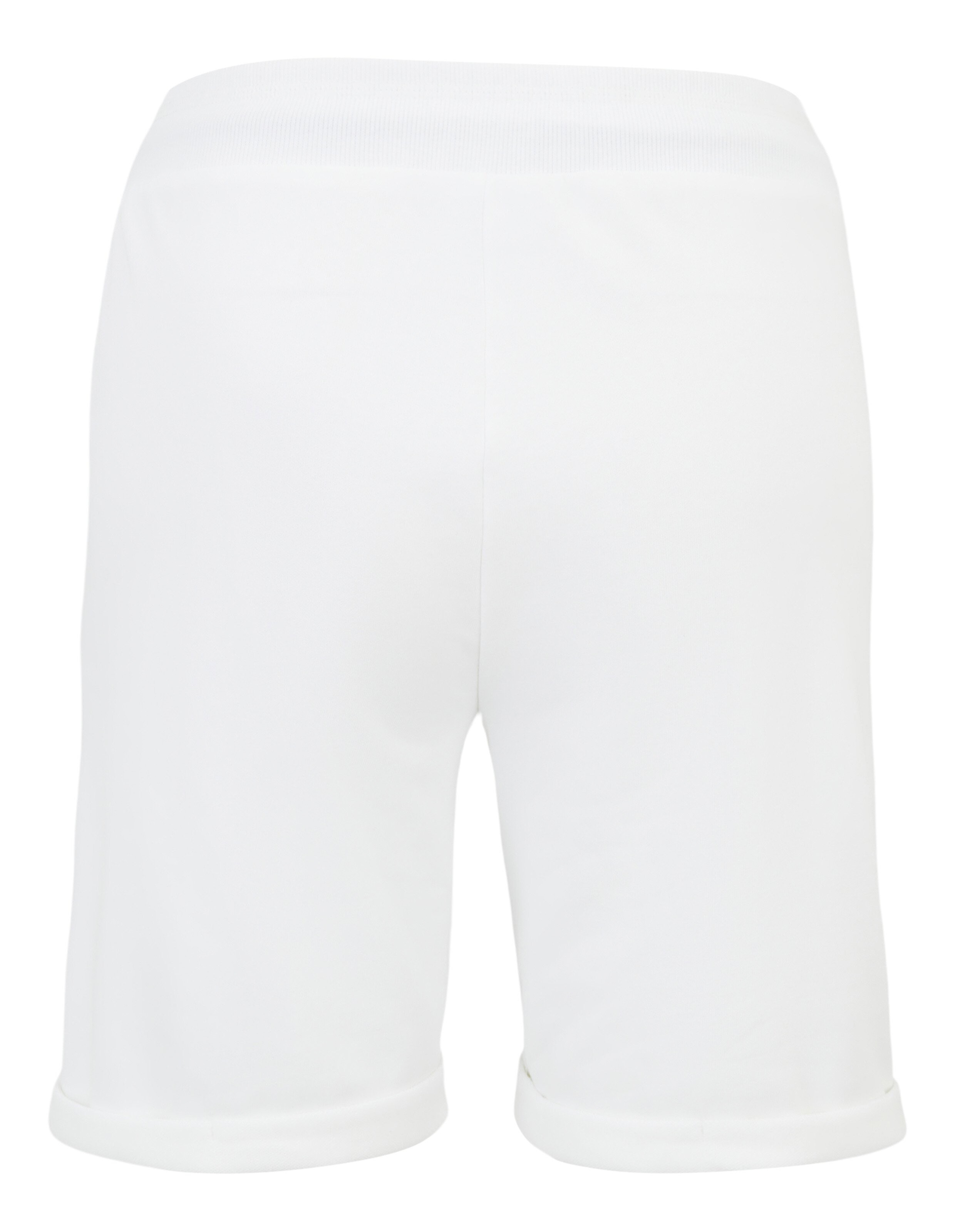 Weiße Shorts aus leichtem Stoff mit elastischem Bund und schwarzer Kordel, ideal für Freizeit und sportliche Aktivitäten.