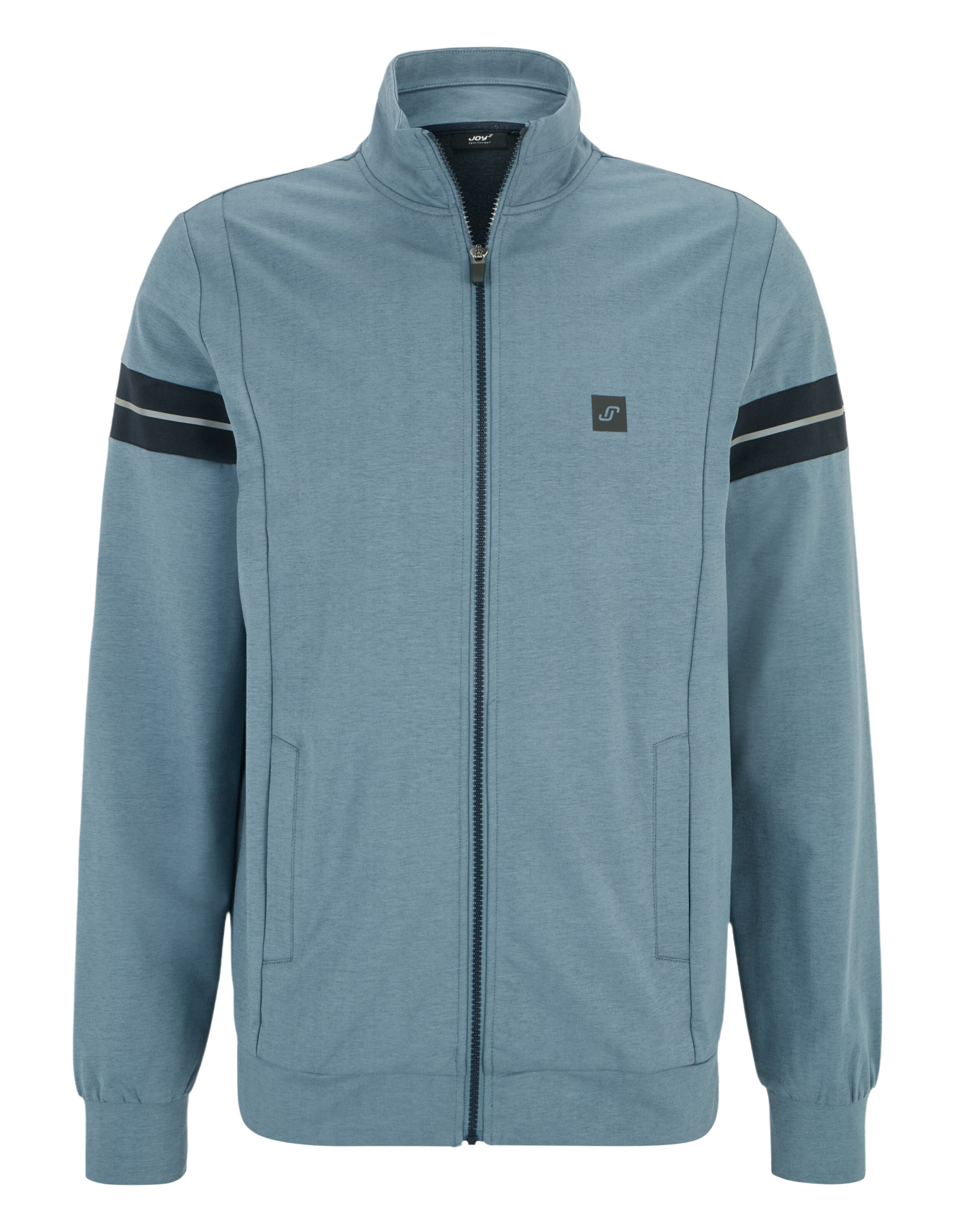 Blaue Trainingsjacke mit hohem Kragen, Reißverschluss, schwarzen Streifen auf den Ärmeln und elastischen Bündchen.