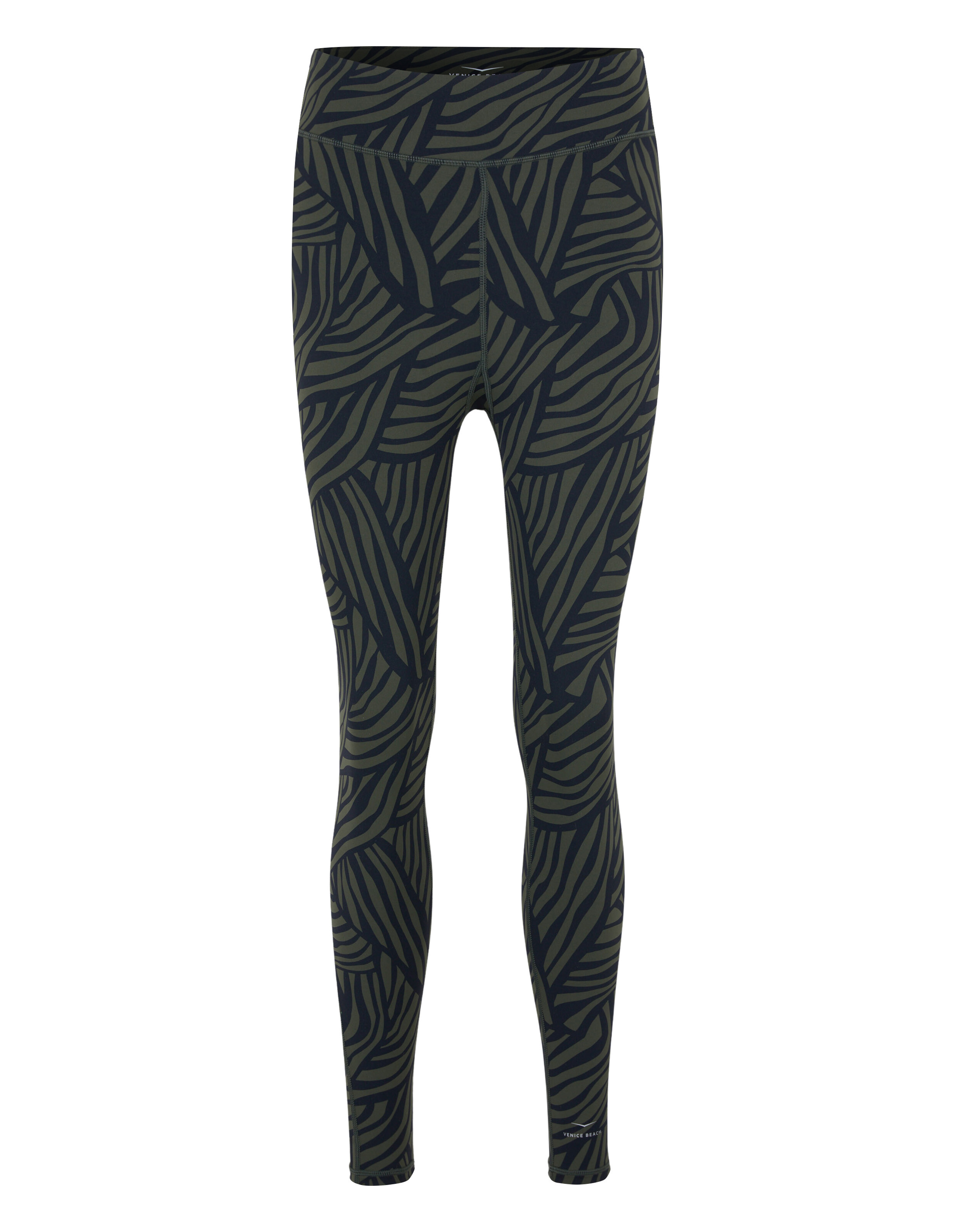 Venice Beach Keeva-Strumpfhose in Dunkelgrün mit einem stilvollen abstrakten Blattmuster.