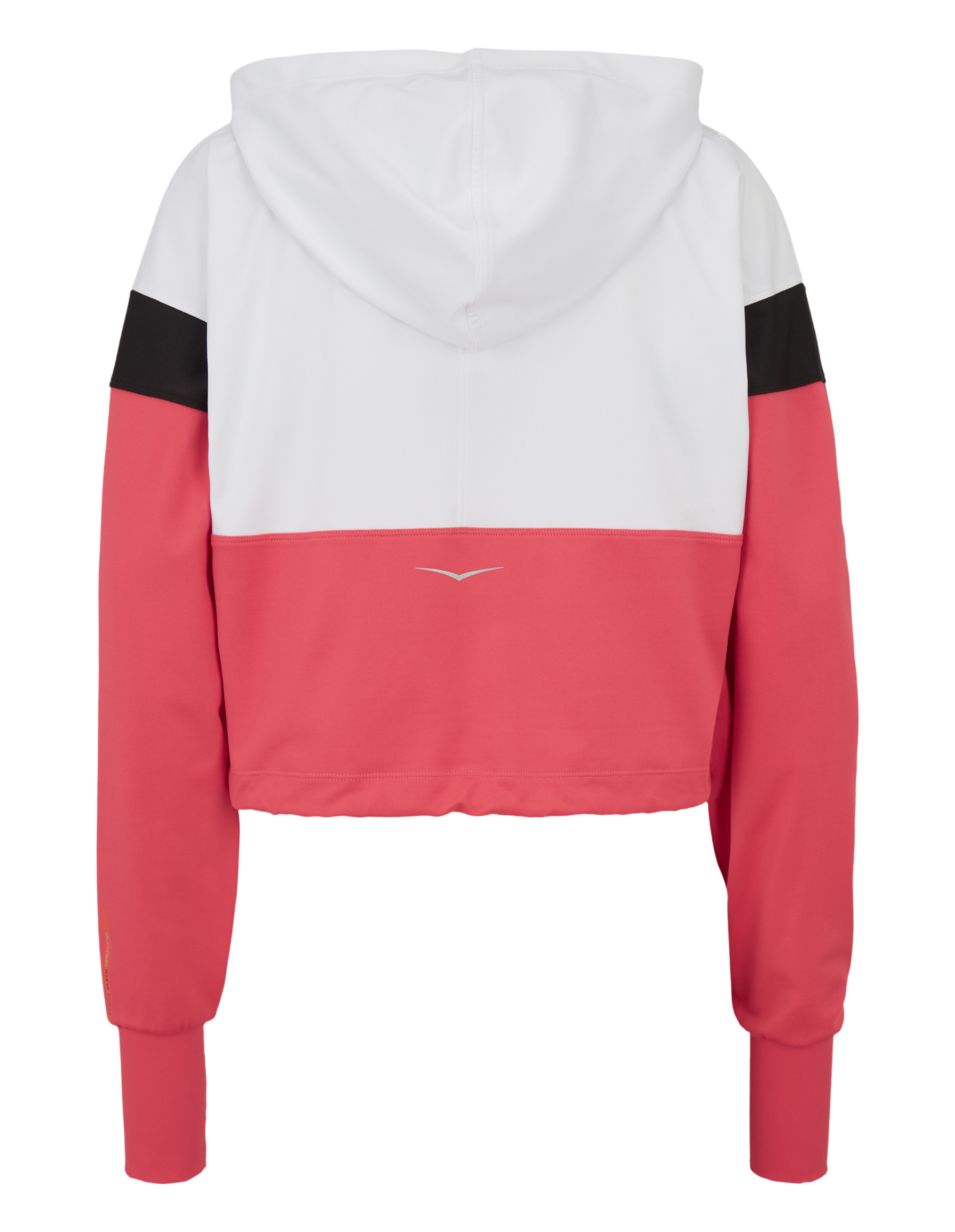 Kurzer Kapuzenpullover in Rosa, Weiß und Schwarz, ideal für Freizeitkleidung und zum Entspannen.