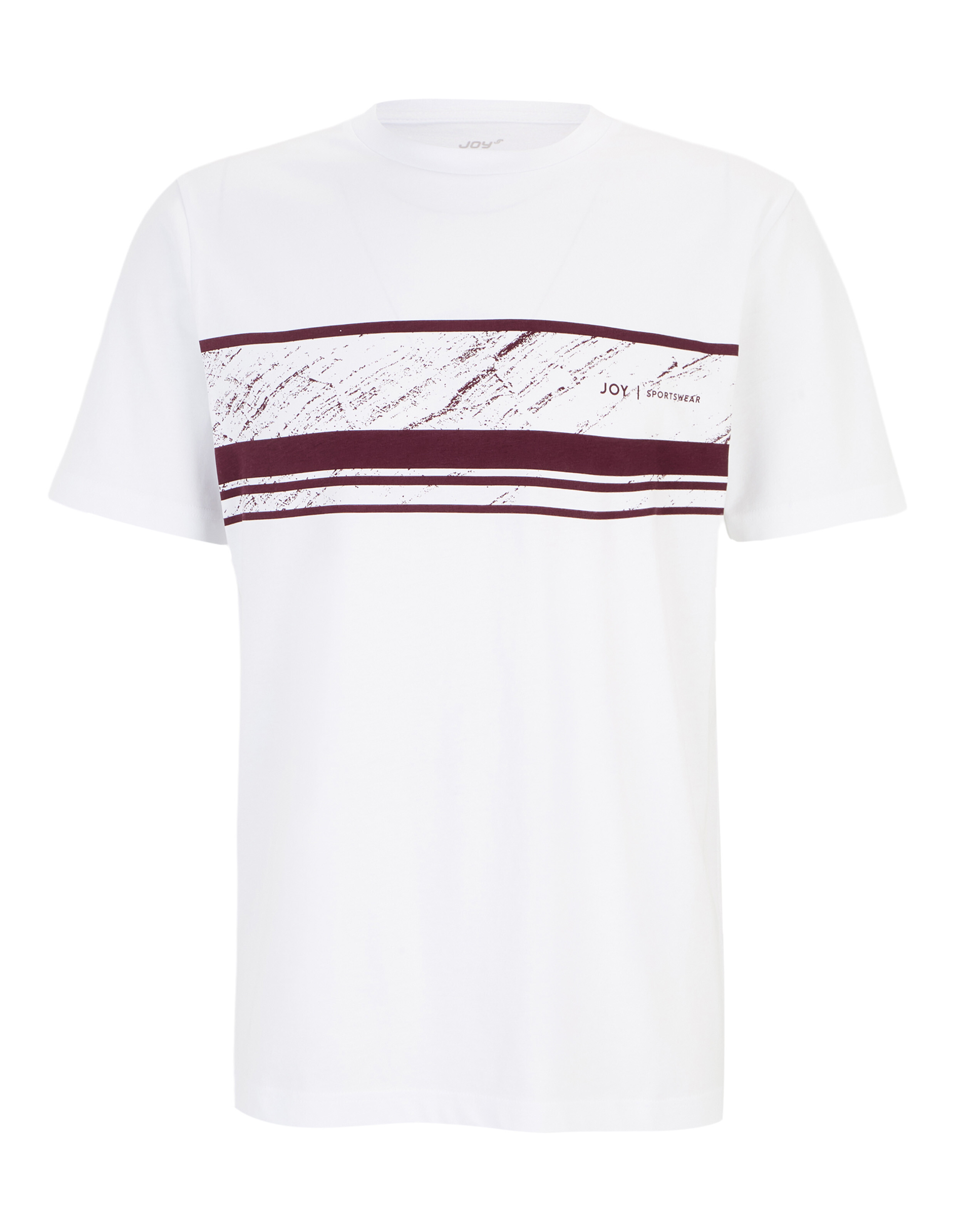 Weißes T-Shirt mit breitem, burgunderrotem, grafischem Streifenmuster im Brustbereich, ergänzt durch subtile Markenlogo-Details.