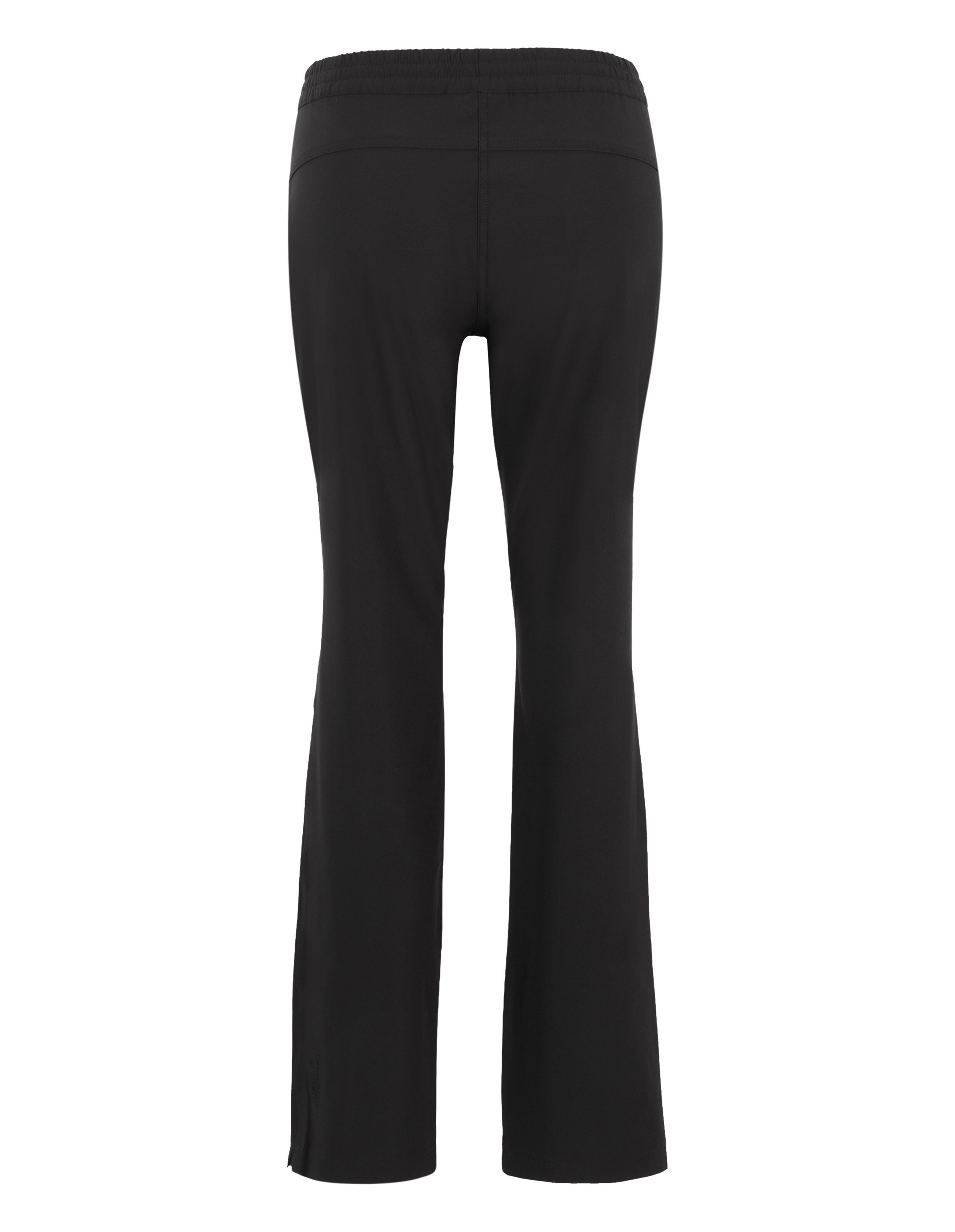 Schwarze, lange Damenhose mit elastischem Bund, gerade geschnitten, aus weichem Stoff, Rückansicht, ohne sichtbare Taschen.