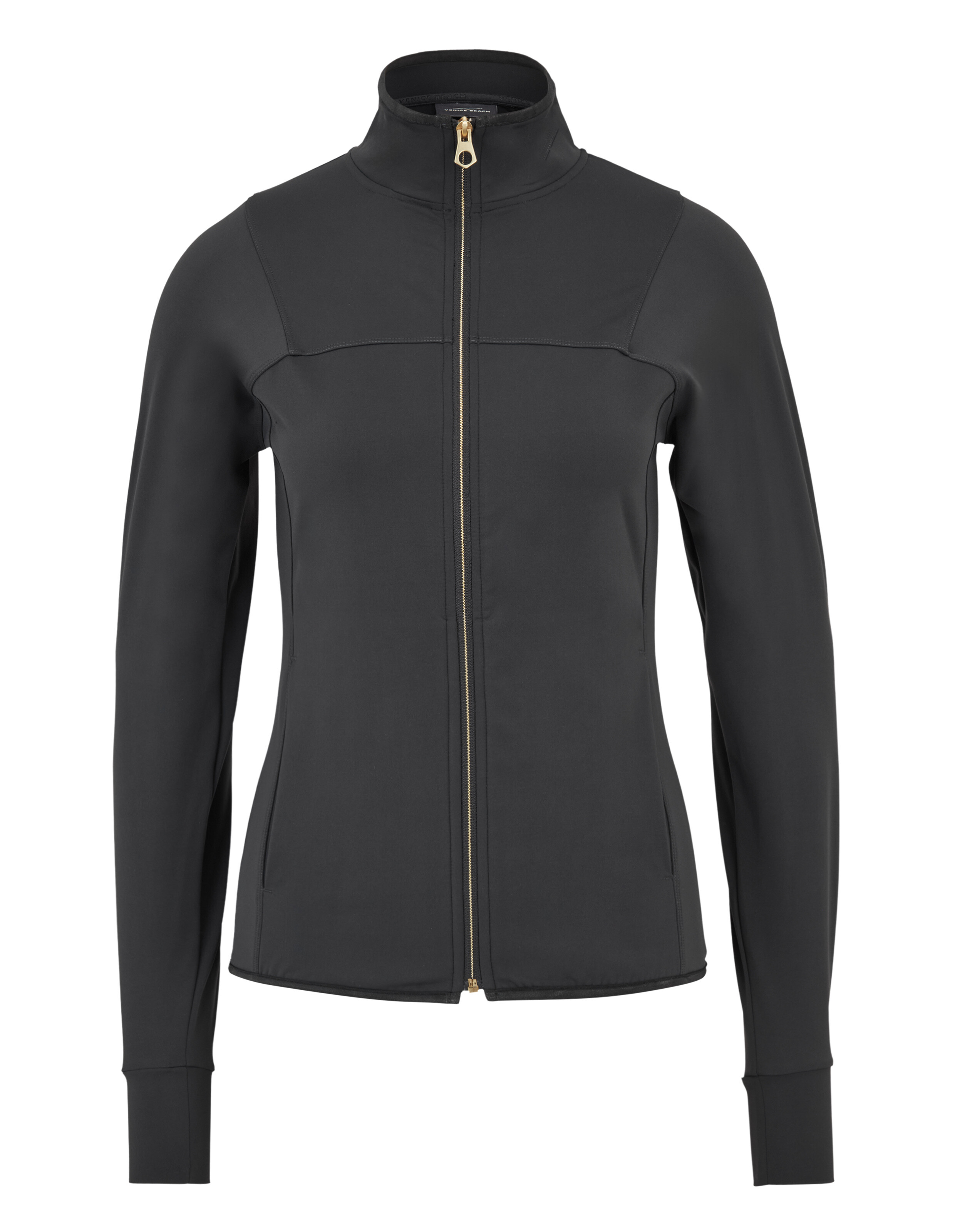 Schwarze Reißverschlussjacke mit goldenem Reißverschluss, perfekt für Freizeitkleidung und Lagenlook.
