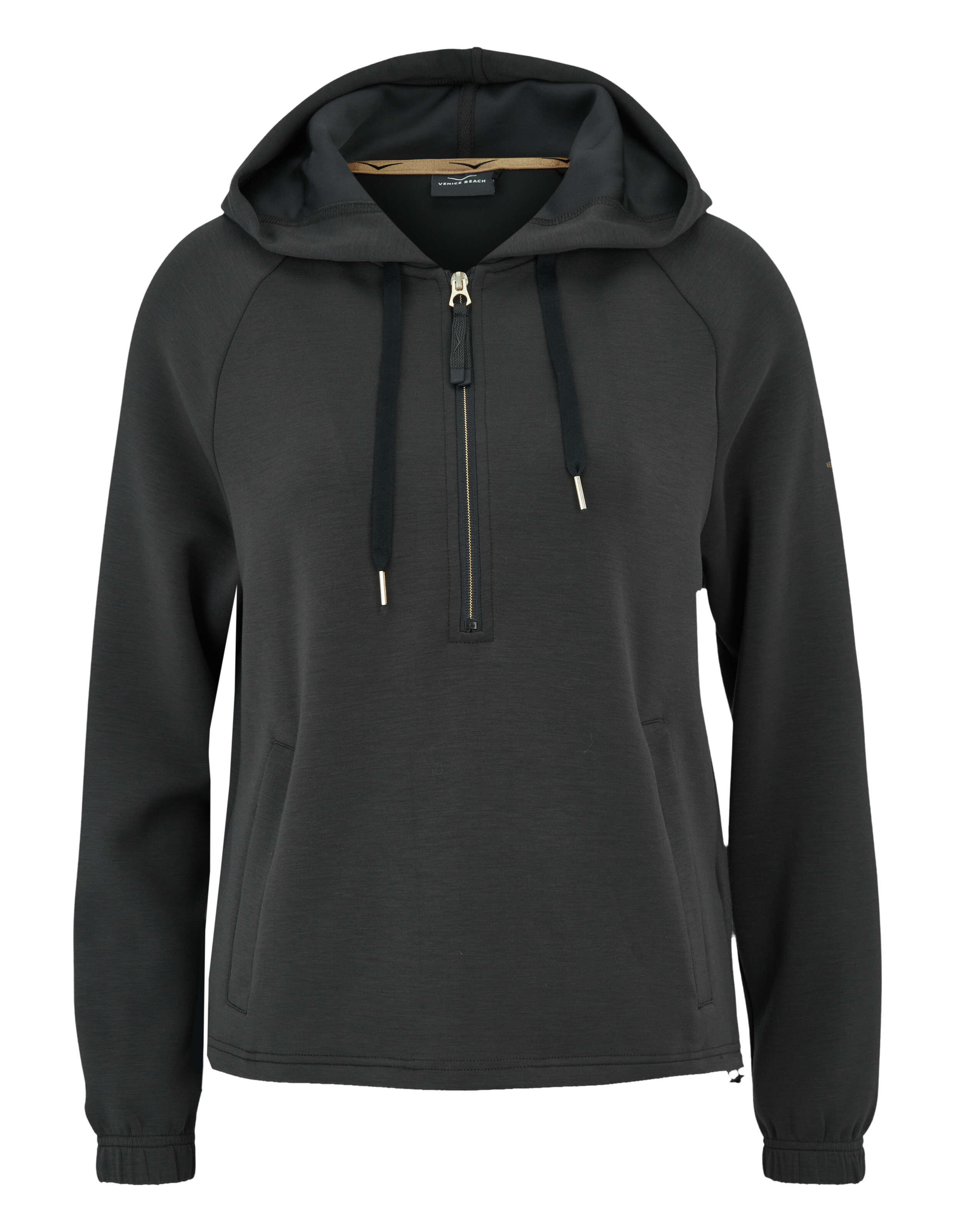 Dunkelgrauer Damen-Kapuzenpullover mit halbem Reißverschluss, Kapuze und Vordertaschen für lässigen, gemütlichen Tragekomfort.