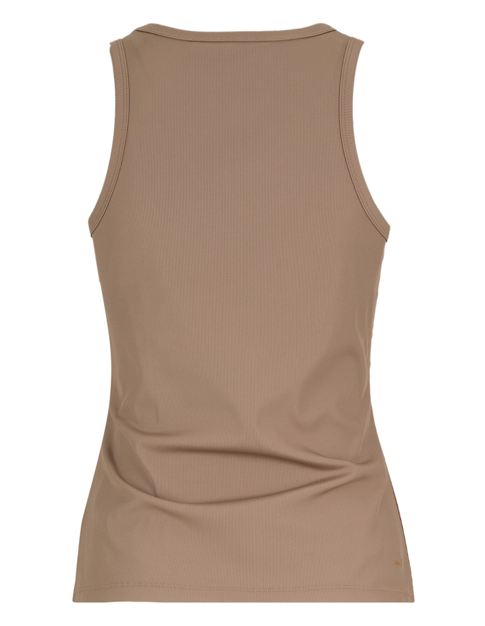 Rückansicht eines beigefarbenen, gerippten Tanktops, perfekt für Freizeitkleidung.