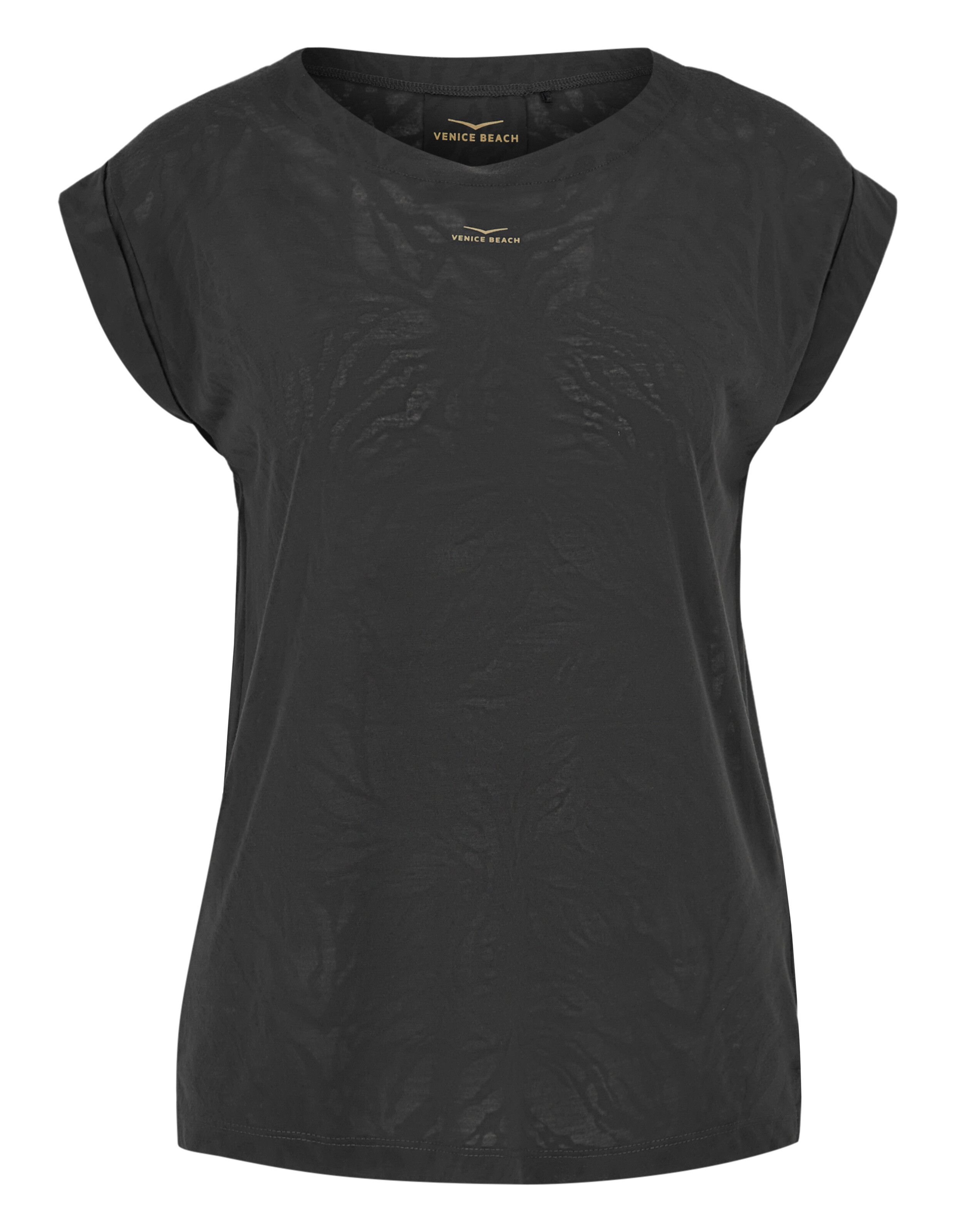 Schwarzes, lässiges Venice Beach-T-Shirt mit aufgerollten Ärmeln und dezentem Muster.