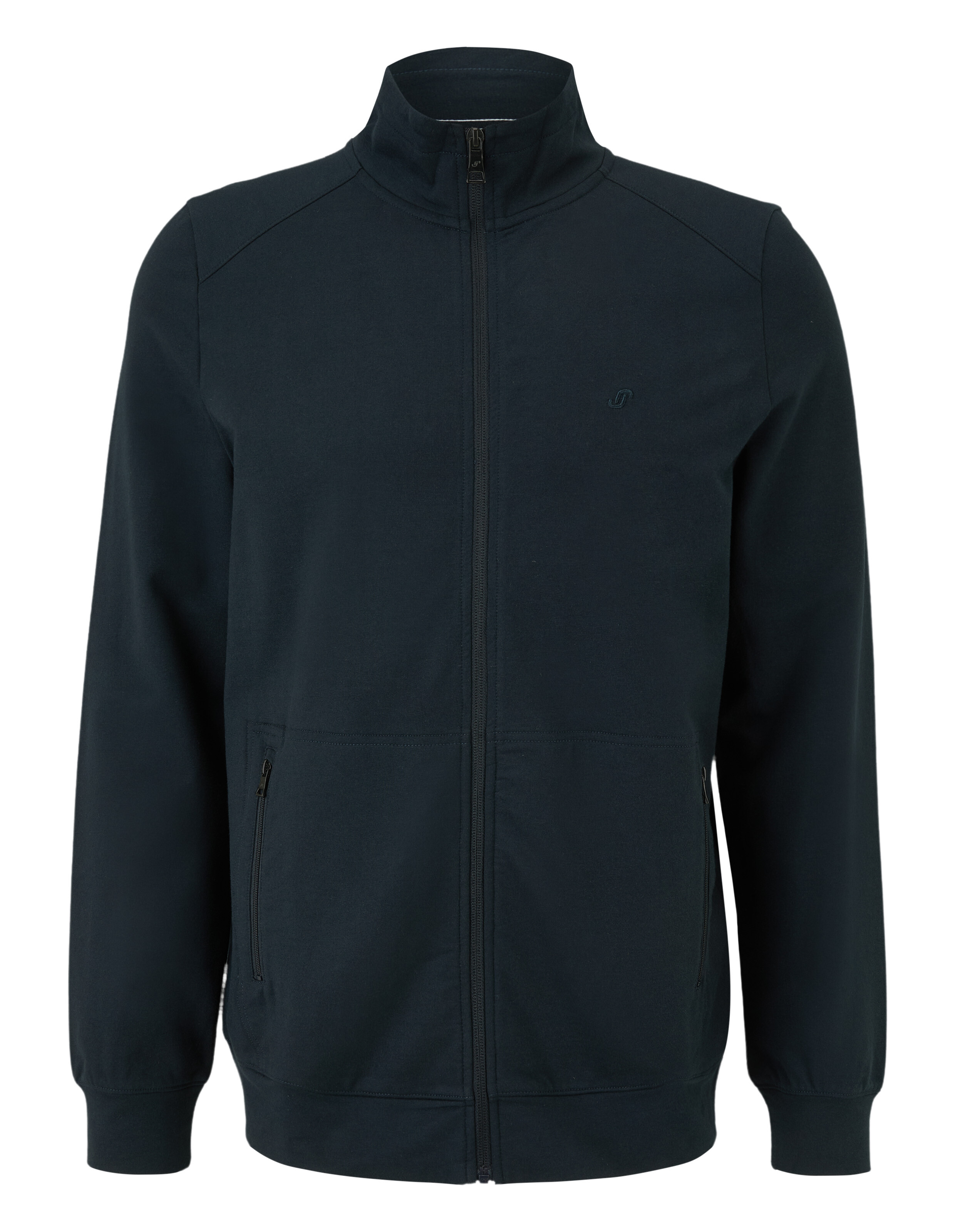 Dunkelblaue Jacke mit hohem Kragen, durchgehendem Frontreißverschluss und Taschen mit Reißverschluss, schlichtes Design.