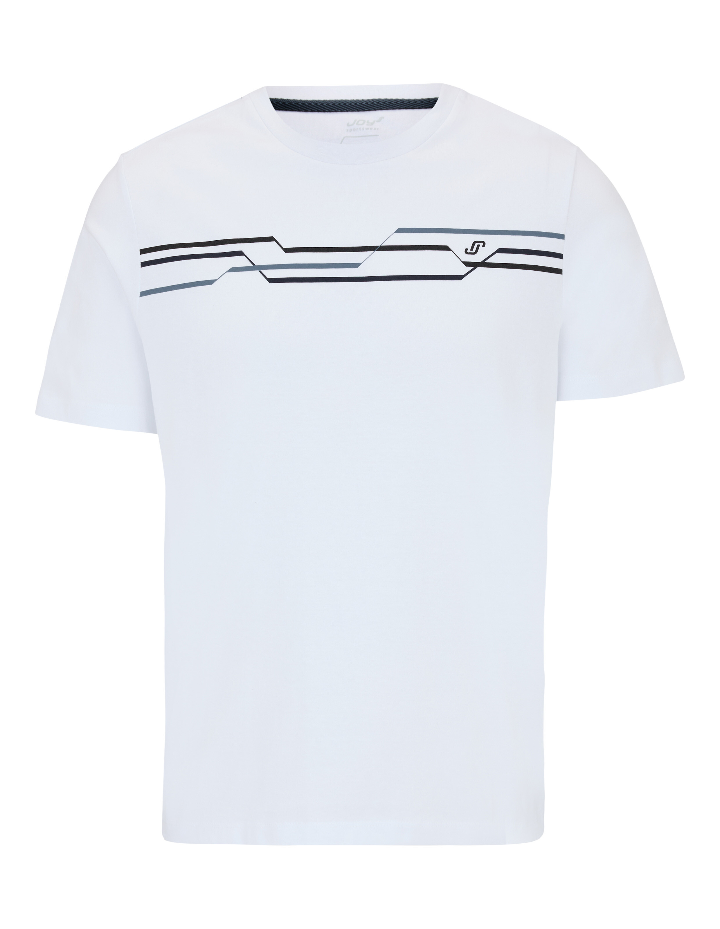 Weißes, lässiges T-Shirt mit schwarzen und blauen geometrischen Streifen, perfekt für entspannte Ausflüge.