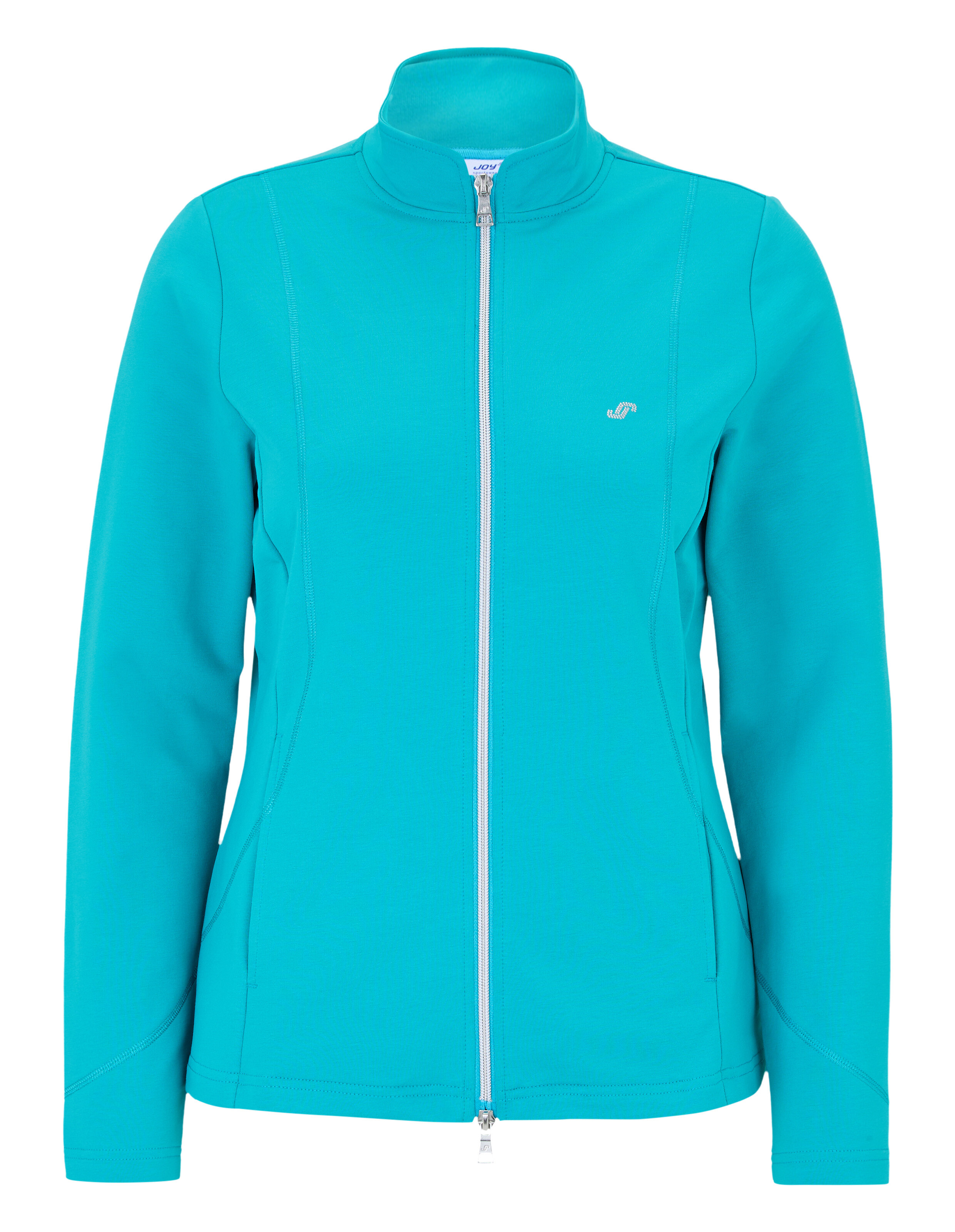 Türkisfarbene Damenjacke mit Reißverschluss, elegantem Design und hohem Kragen.