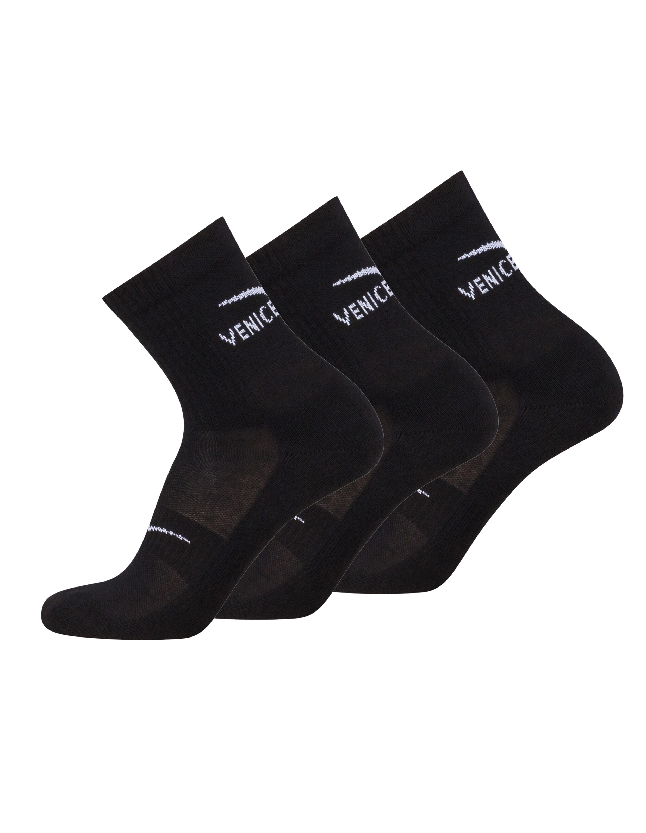 Drei Paar schwarze, lässige Crew-Socken mit weißem Venice-Logo.