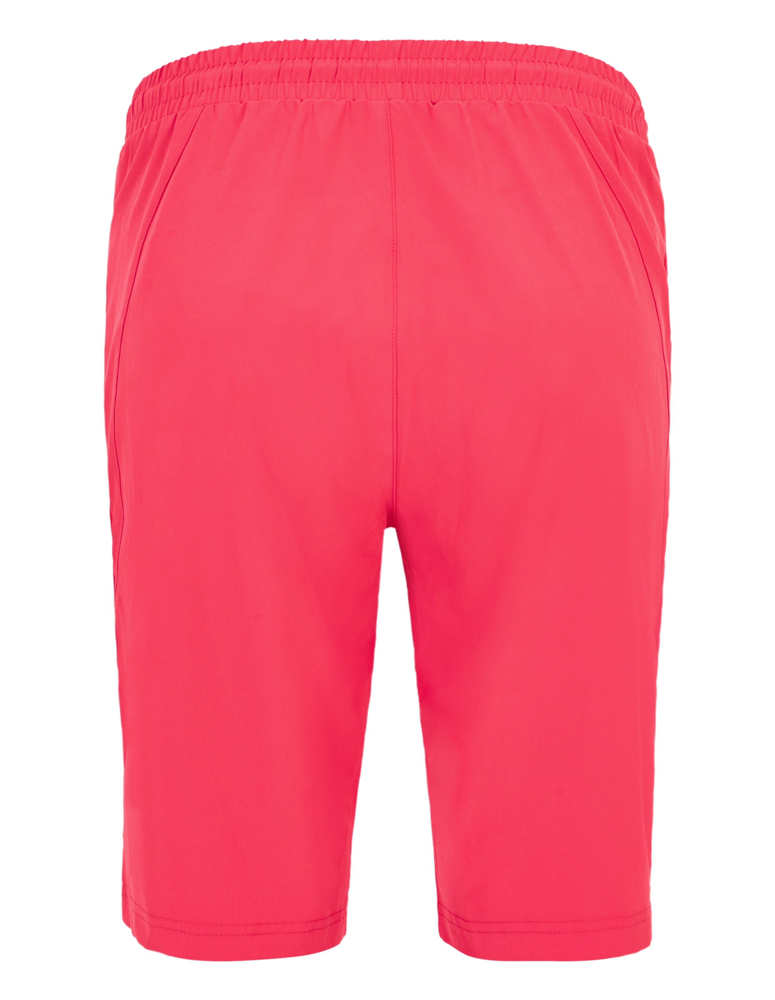 Leuchtend rote Shorts mit elastischem Bund und Kordelzug, geeignet für Freizeitaktivitäten, mit seitlichen Reißverschlusstaschen.