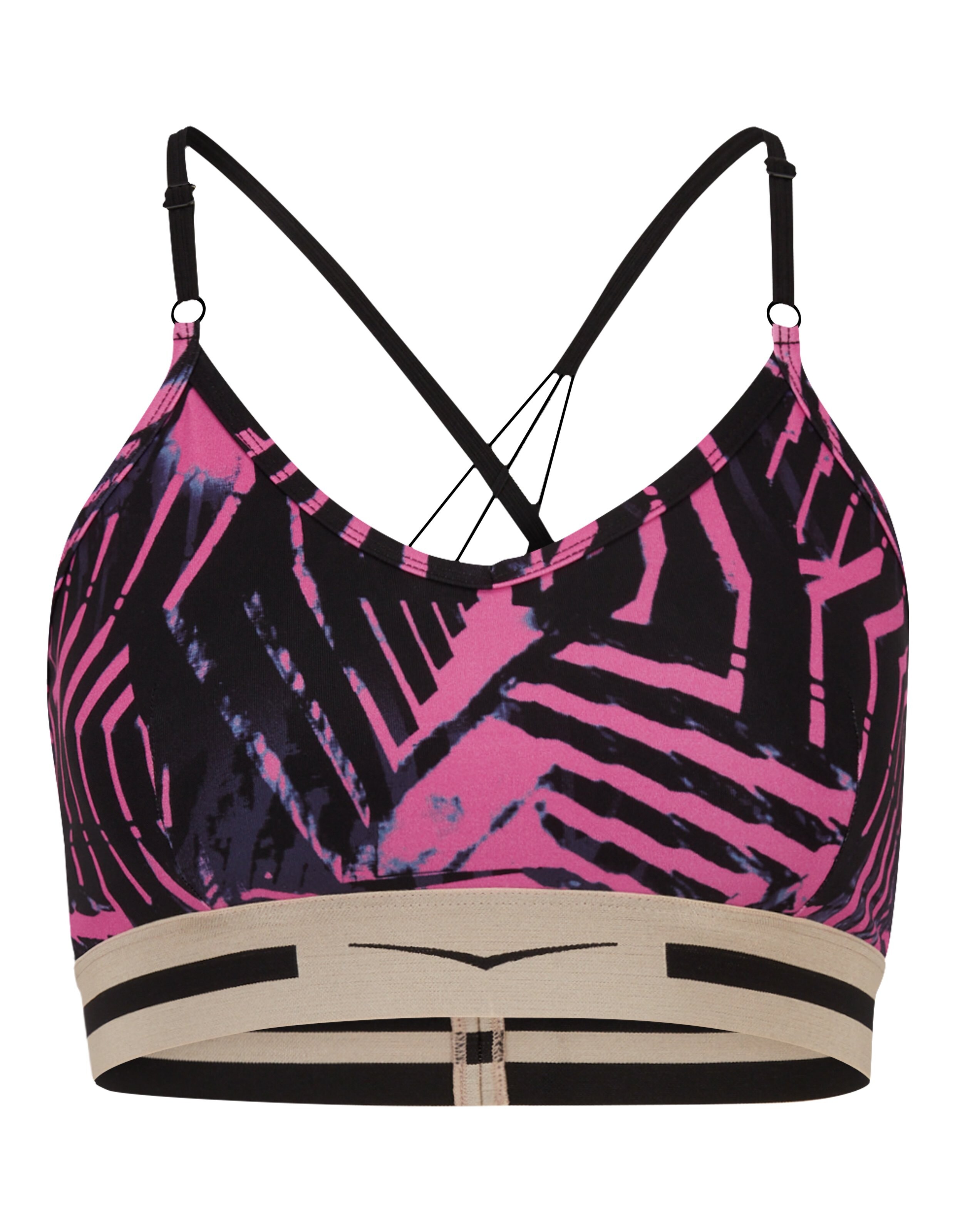 Stylisches rosa-schwarz gemustertes Bralette mit überkreuzten Trägern und breitem Band.