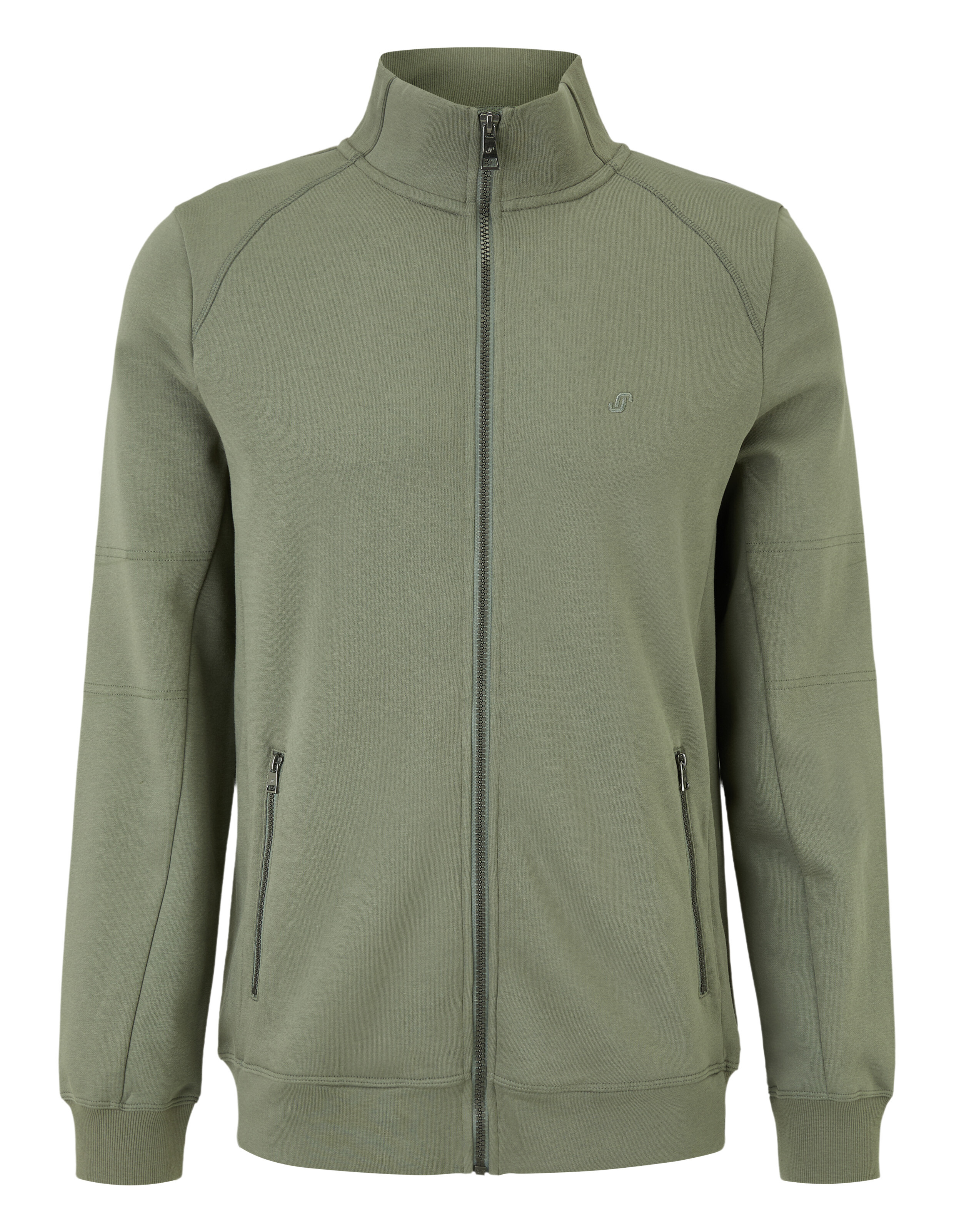 Olivegrüne Jacke mit durchgehendem Reißverschluss, hochgeschlossenem Kragen und zwei Reißverschlusstaschen auf der Vorderseite.