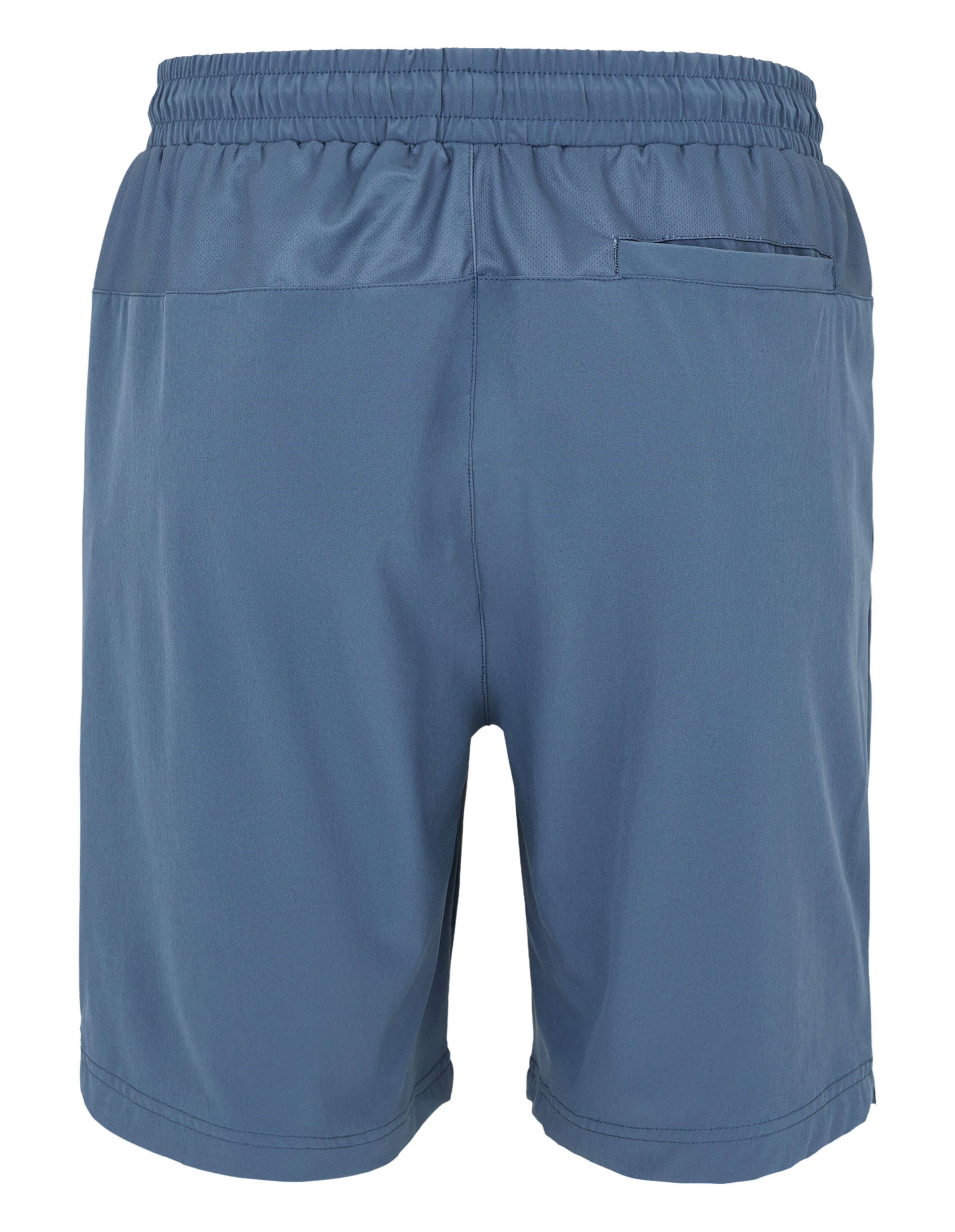 Rückansicht einer blauen Freizeitshorts mit elastischem Bund und Tasche.