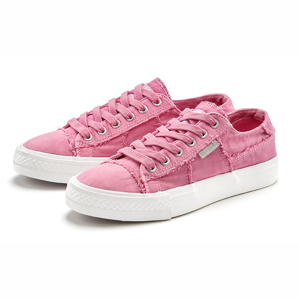 Rosa Freizeit-Sneaker mit Schnürdesign und weißen Gummisohlen.