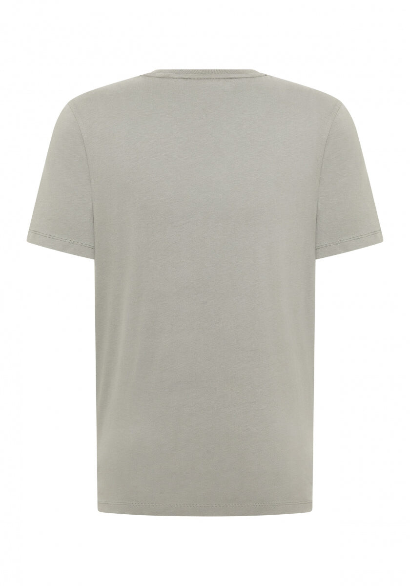 Rückansicht eines hellgrauen Freizeit-T-Shirts, weicher Stoff, entspannte Passform.