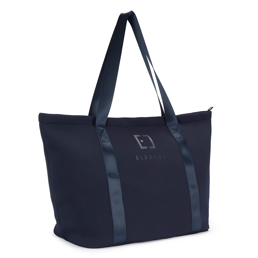 Marineblaue ELBSAND-Einkaufstasche mit schlankem Design und stabilen Riemen.