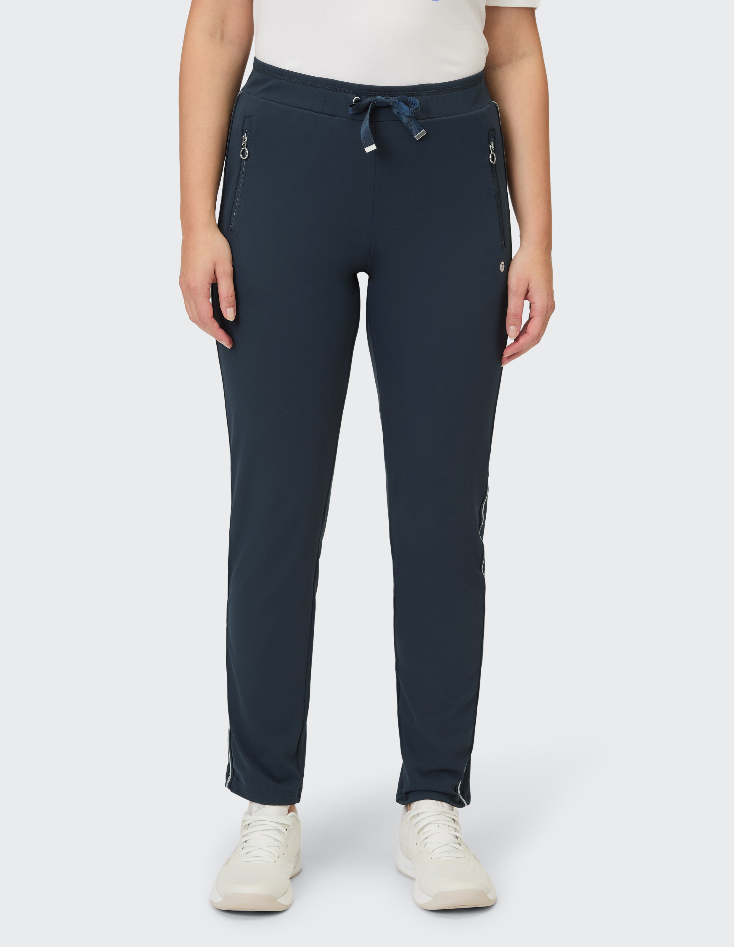 Marineblaue Freizeithose für Damen mit Reißverschlusstaschen und Kordelzug in der Taille für mehr Komfort.