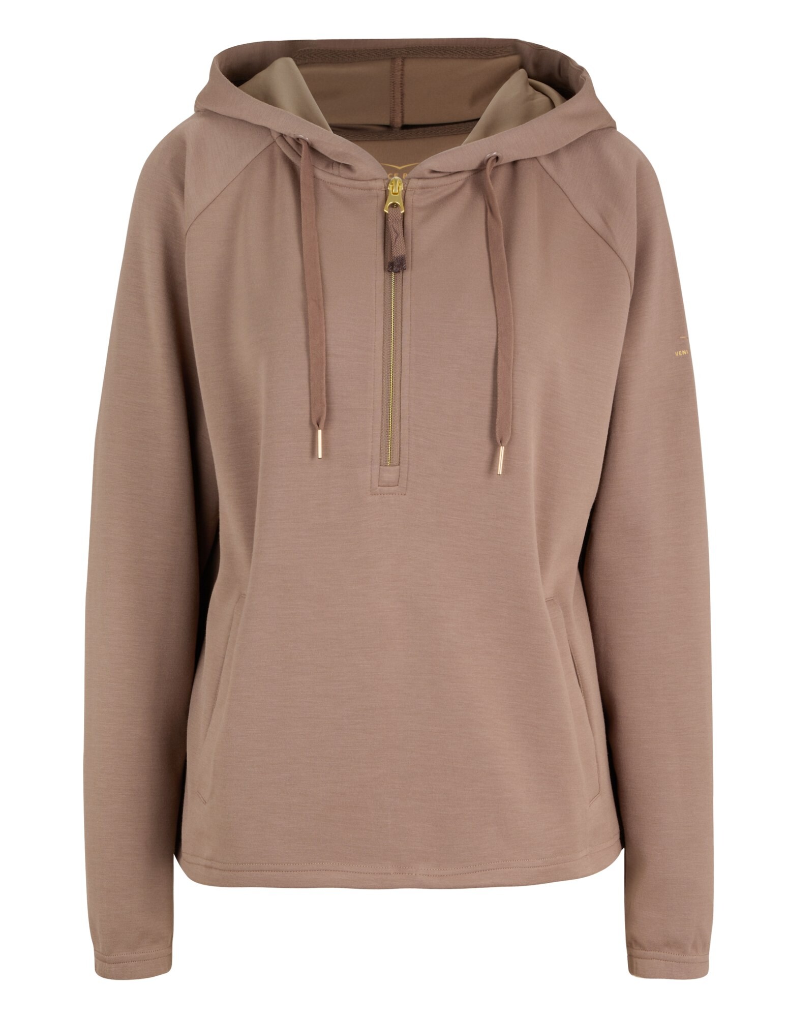 Kuscheliger brauner Kapuzenpullover mit halbem Reißverschluss und Kordelzug, ideal für Freizeitkleidung.