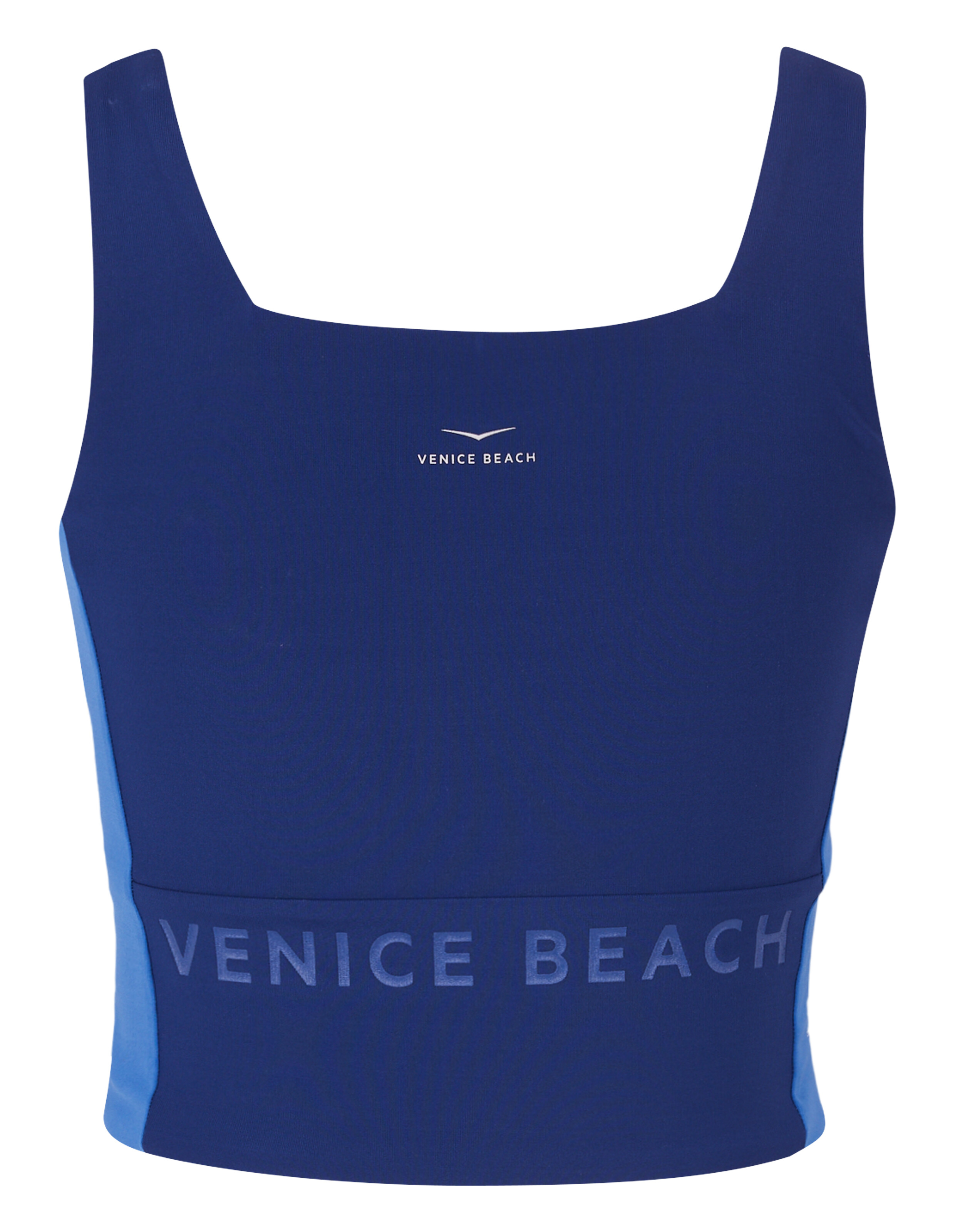 Marineblaues Crop-Top mit hellblauen Akzenten und „Venice Beach“-Logo.