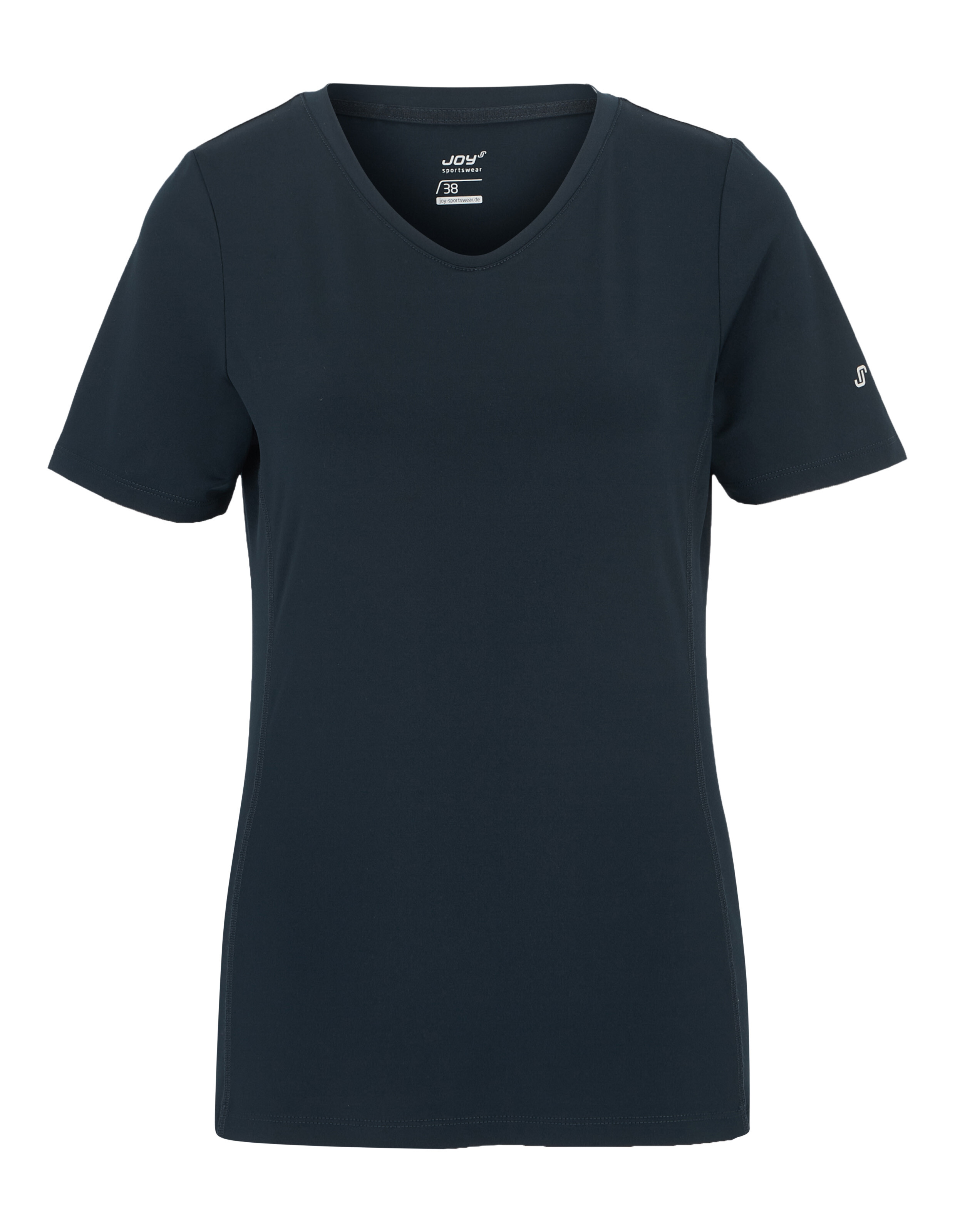 Dunkelblaues T-Shirt mit V-Ausschnitt und kurzen Ärmeln, schlichtes Design ohne Aufdruck, aus atmungsaktivem Material.