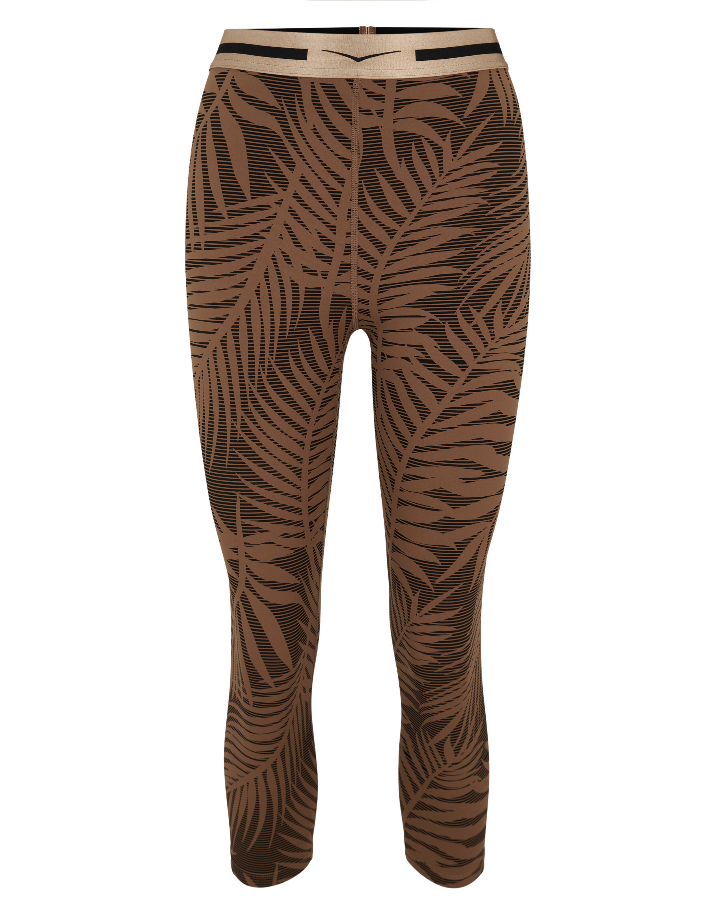 Braune Leggings mit Palmblatt-Print und bequemem elastischem Bund für Freizeitkleidung.