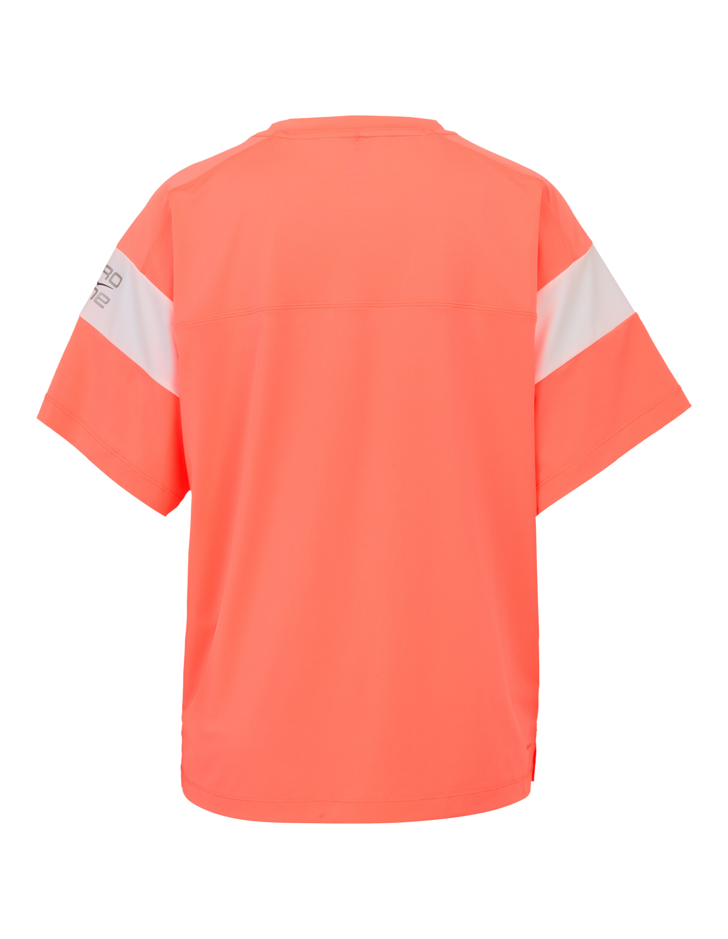 Rückansicht eines leuchtend korallenfarbenen, übergroßen Freizeit-T-Shirts mit weißen Streifen.