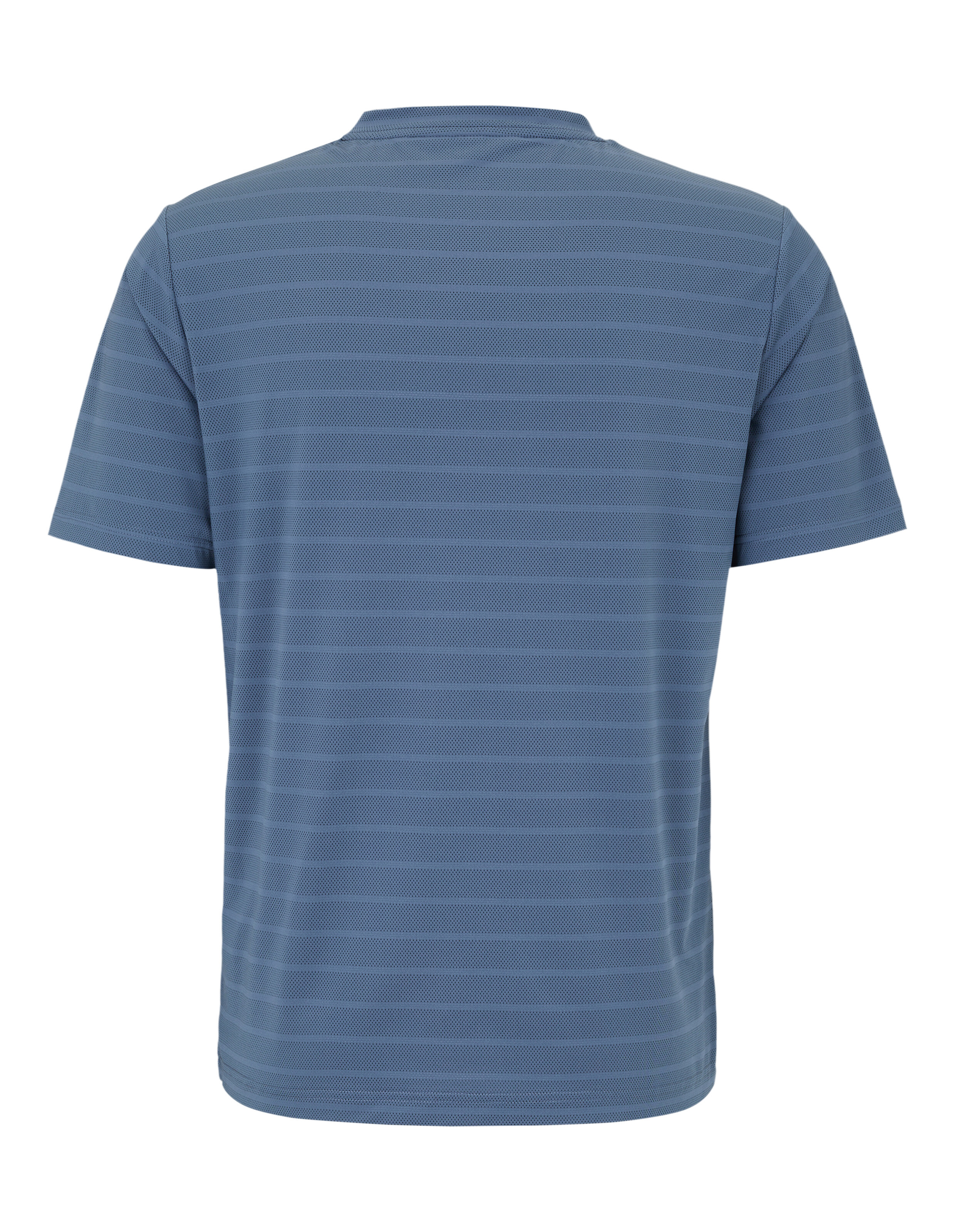 Rückansicht eines lässigen blau gestreiften T-Shirts für entspannte Alltagskleidung.