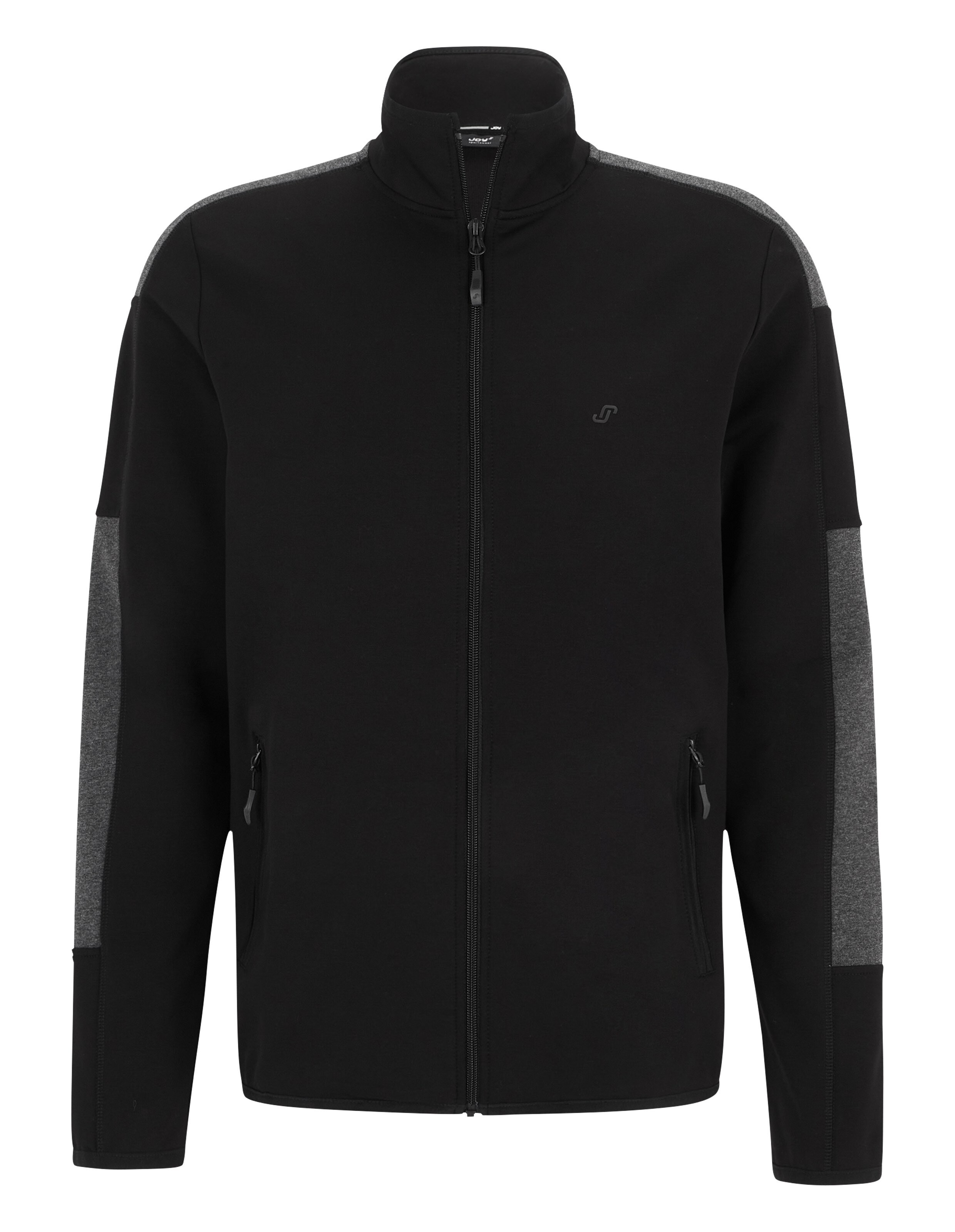 Schwarze Jacke mit grauen Ärmeln, durchgehendem Reißverschluss, Stehkragen und seitlichen Reißverschlusstaschen.