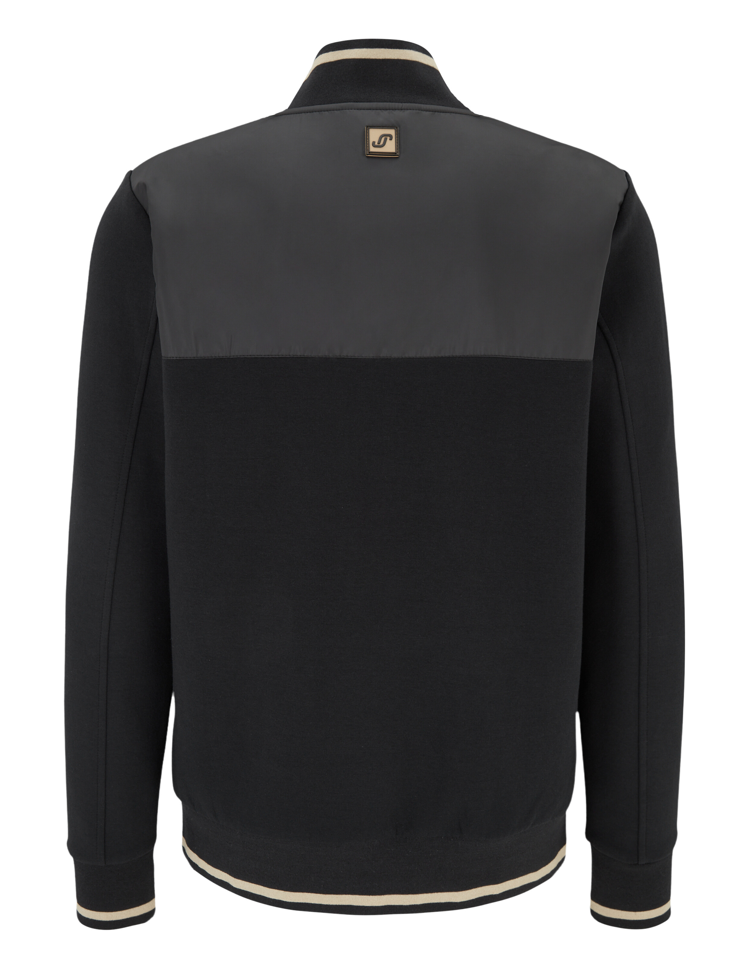 Schwarze Freizeitjacke für Herren mit kontrastierendem Kragen und gestreiften Manschetten.