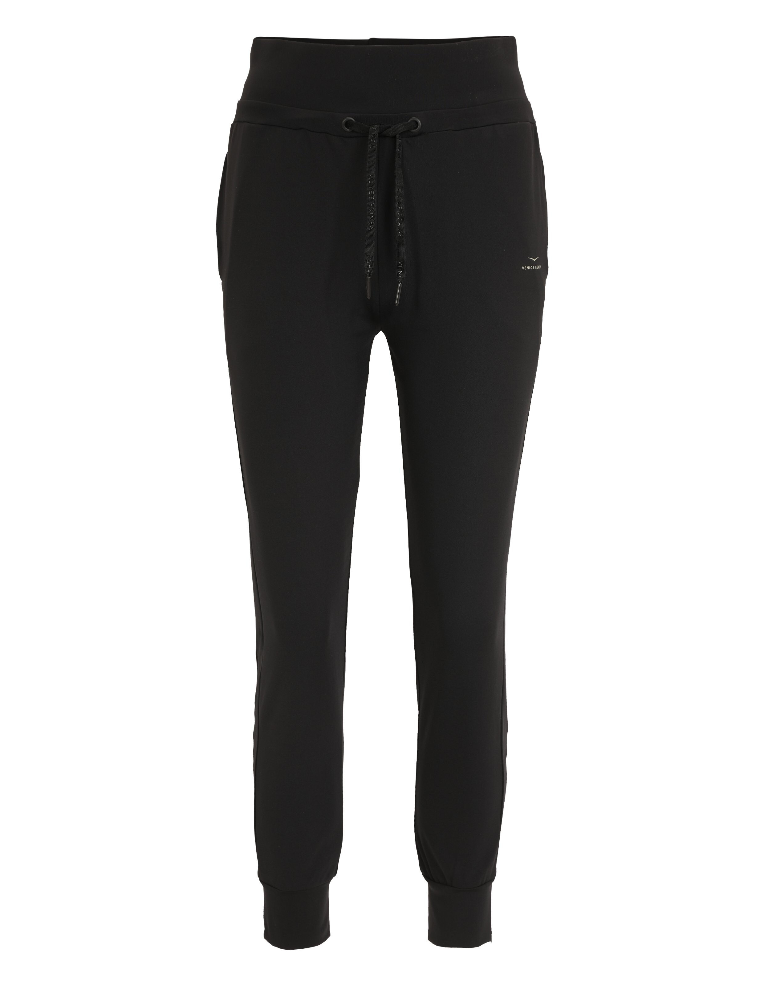 Schwarze Lounge-Hose aus Cady von Venice Beach mit Kordelzug in der Taille und Bündchen am Saum.